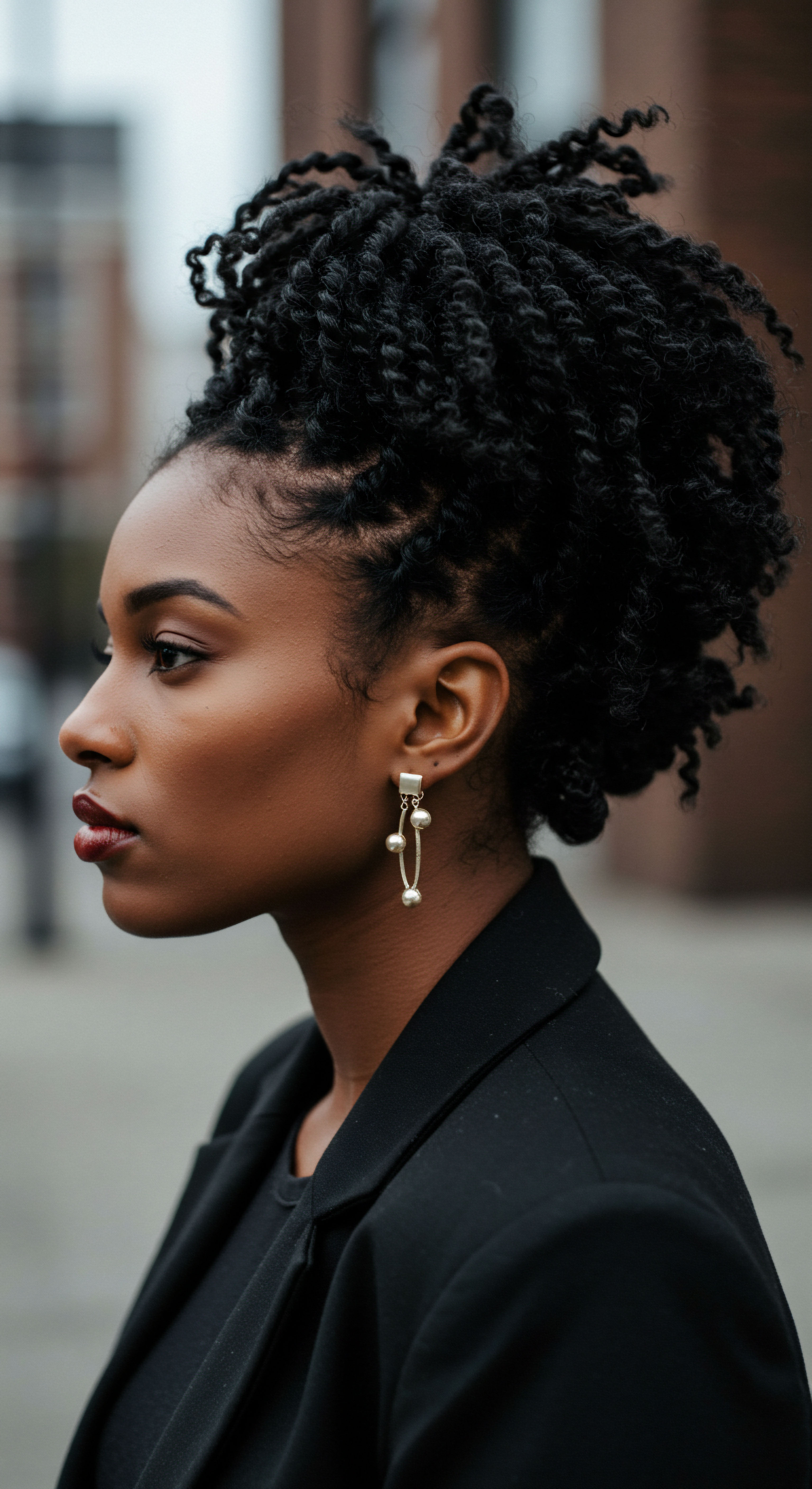Refined Protective Styling Featuring Defined Coils For Optimal Hair Health A striking profile showcases this woman’s Afro-textured heritage through protective styling. Her twist-out displays impressive coiled texture, high-density strands, and vibrant strand definition. Melanin-rich complexion and sculpted hairline reflect optimal hair health through moisture retention efforts.
