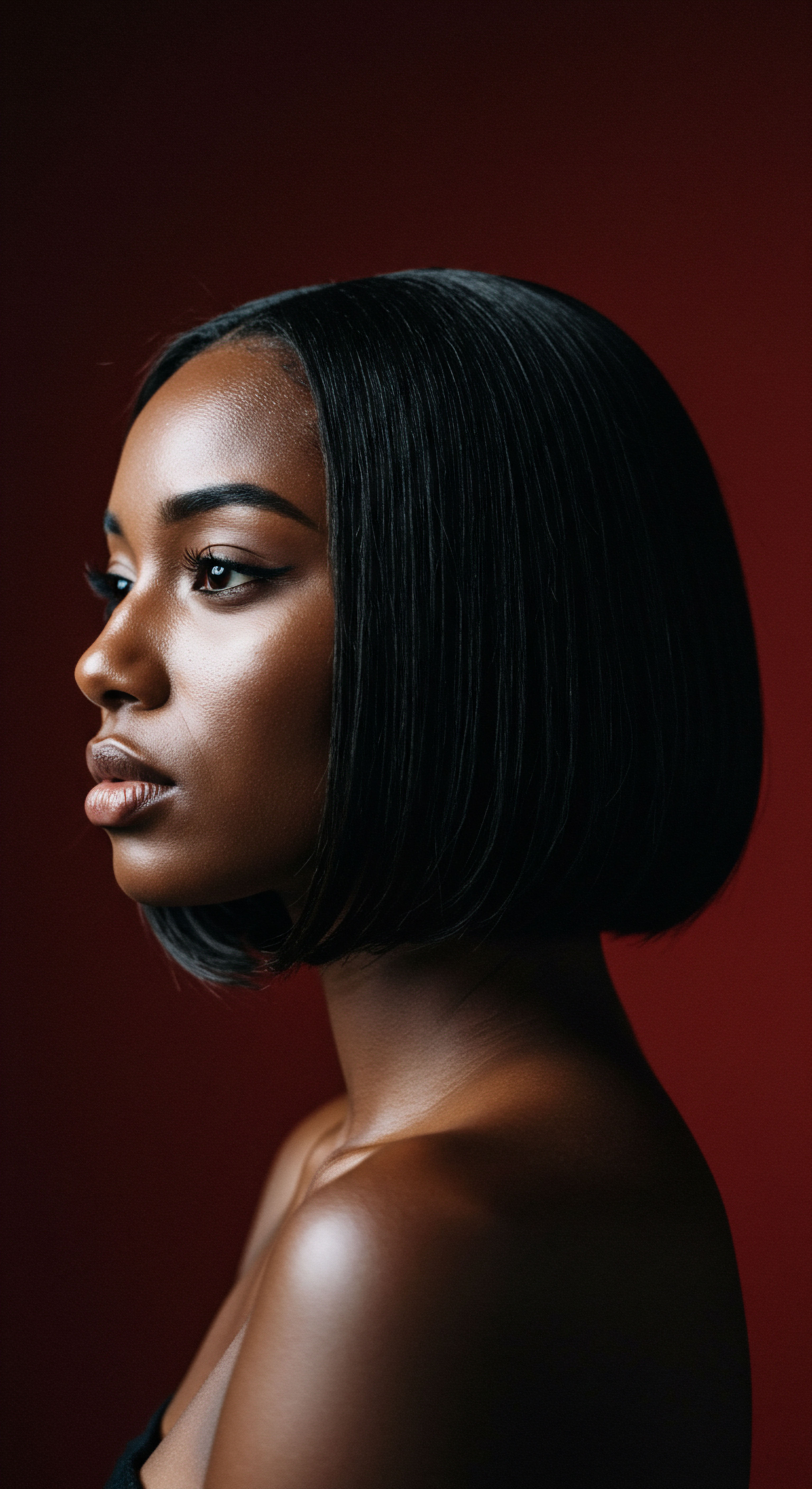 Refined Straightening Techniques For Optimal Textured Hair Vitality Captivating, this Black woman's profile features meticulously styled thermal smoothed hair. Her sleek bob signifies outstanding strand elasticity and luminous finish from optimal moisture retention. This showcases Roothea's expert Black Hair Care and versatile styling for textured hair heritage, embodying confident beauty.