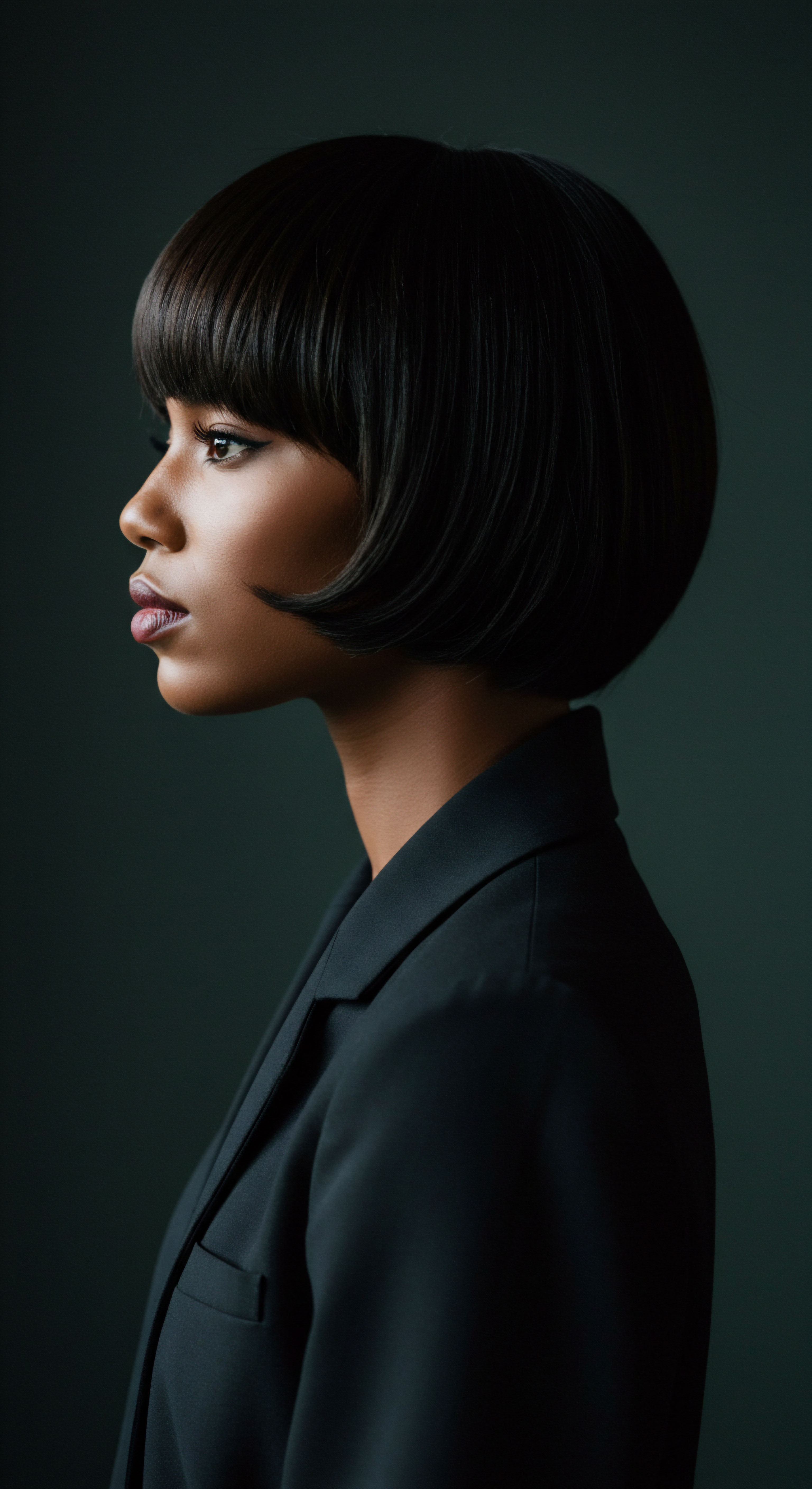 Refined Textured Hair Styling A Profile In Sleek Definition And Precision An exquisite profile emphasizes structured textured hair, showcasing a sophisticated bob with a perfectly smooth cuticle and defined lines. This professional styling exemplifies meticulous hair care, highlighting the ebony hue’s inherent vibrance and demonstrating effective thermal protection techniques for achieving optimal pattern elasticity and sleekness, honoring diverse hair heritage.