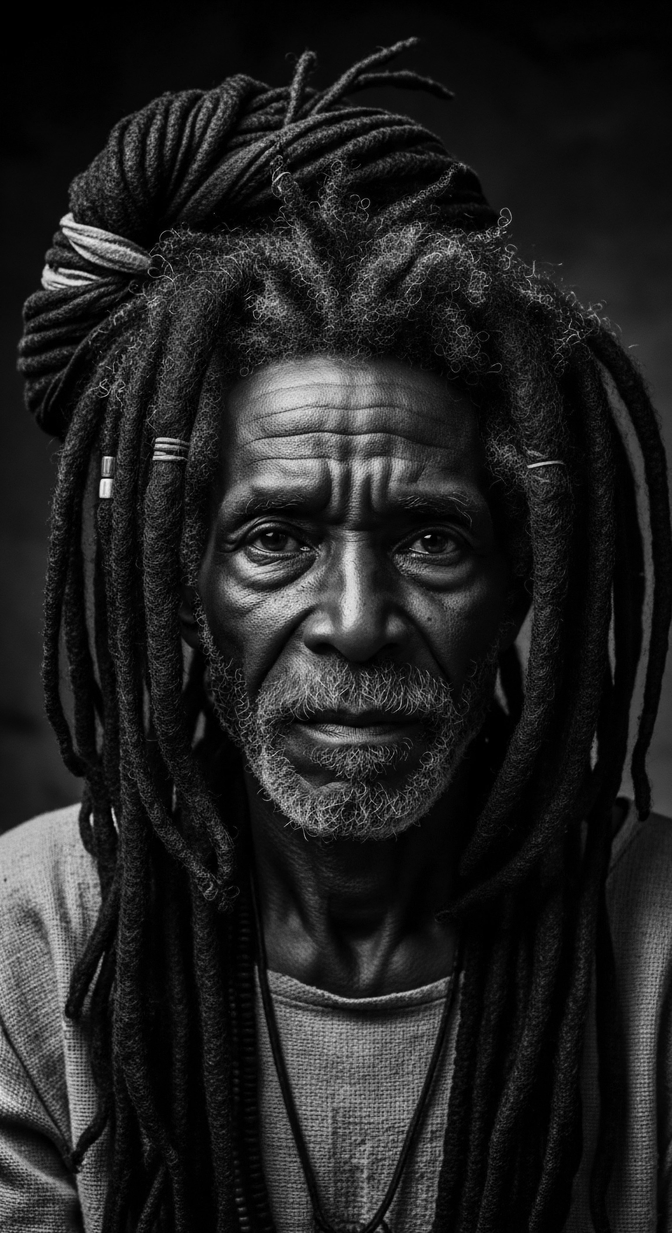 Resilient Elder Radiating Wisdom Black and Gray Portrait Natural Hair Locs The portrait honors an elder statesman's captivating strength. His textured hair, styled into thick locs, frames face that embodies lifetime's journey. This composition celebrates ancestral wisdom, cultural richness, and the enduring beauty of natural textured hair formation in black hair traditions.