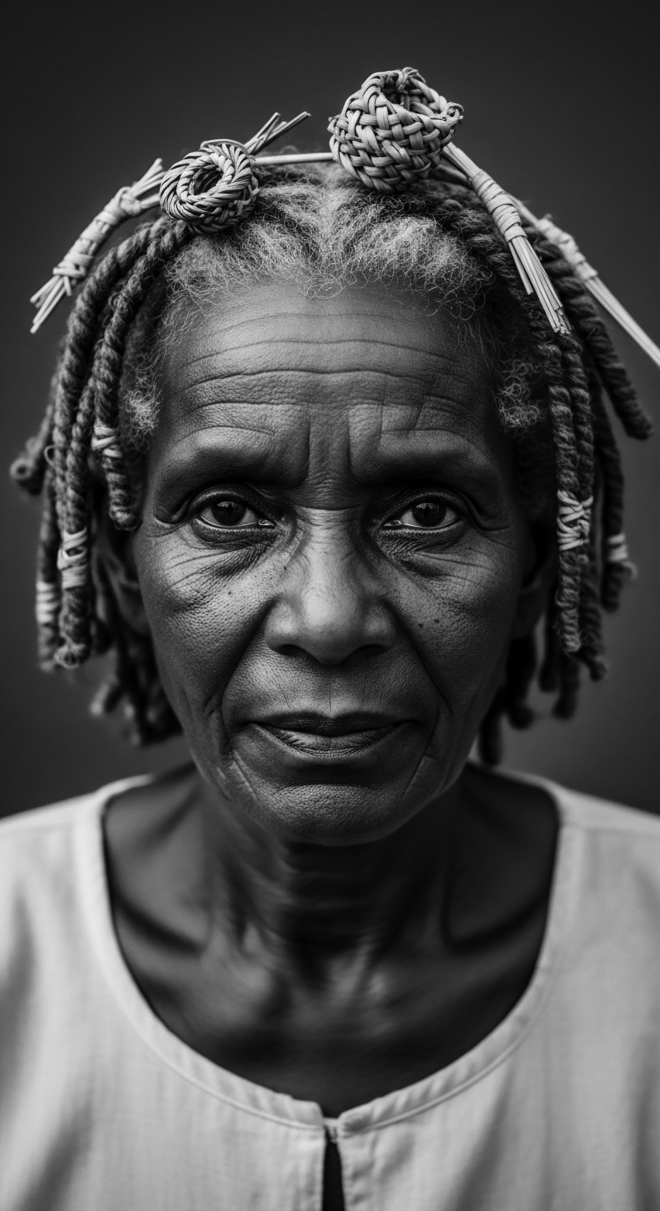 Resilient Elder with Braided Afro Textured Hair and Traditional Adornments The portrait captures a profound sense of wisdom and strength emanating from her detailed afro braided hair, reflecting African ancestral beauty traditions. Woven hair ornaments enhance textured elegance, a legacy of holistic cultural expressions and enduring commitment to heritage and wellness.