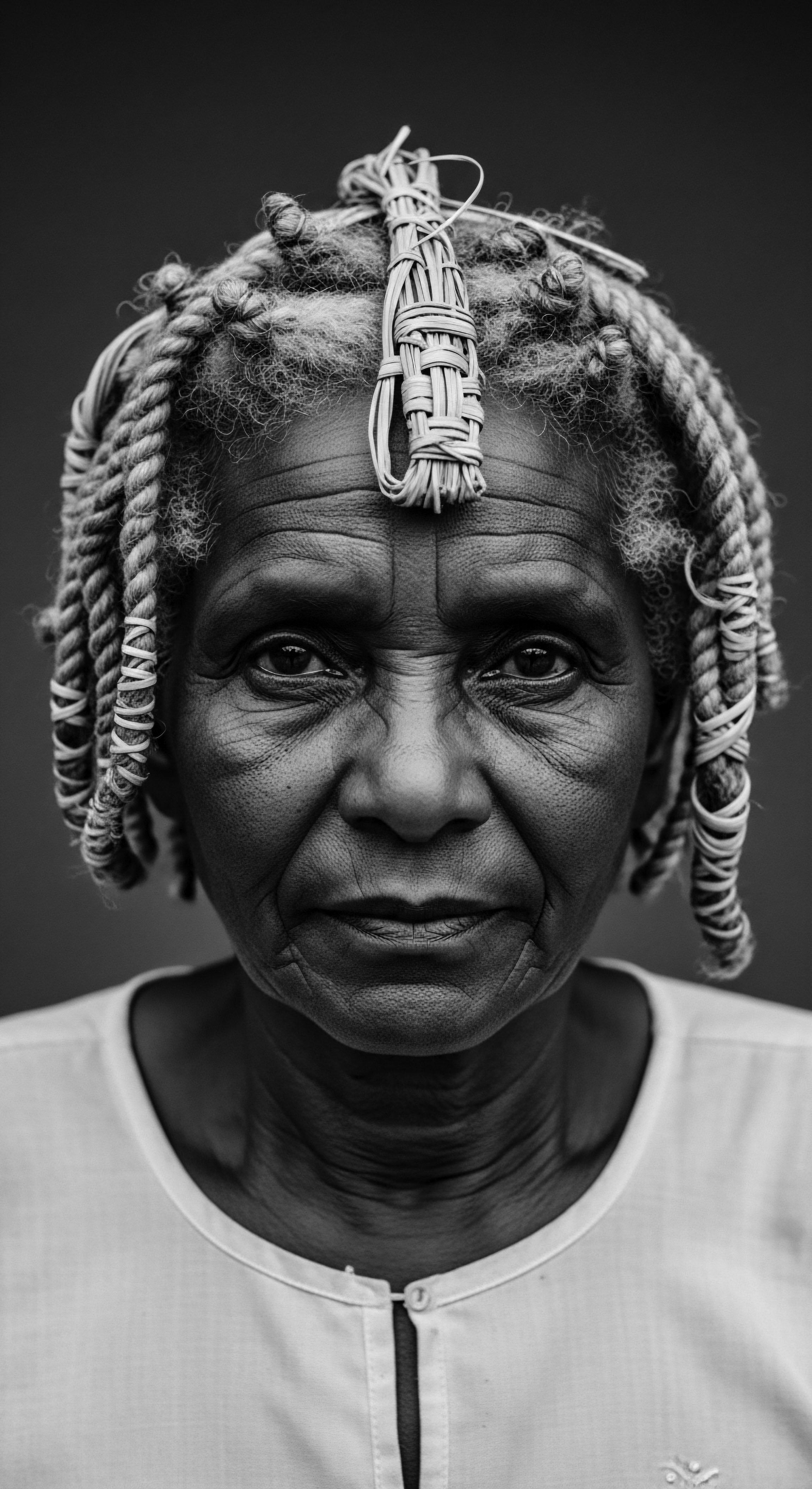 Resilient Elder with Traditional African Braids and Woven Headdress in Black and White The somber black and white tones elevate this arresting portrait of an elder adorned with traditional braids and woven headwear, a poignant reminder of cultural resilience passed down through generations, emphasizing the importance of honoring textured hair's legacy within the tapestry of ancestral pride.