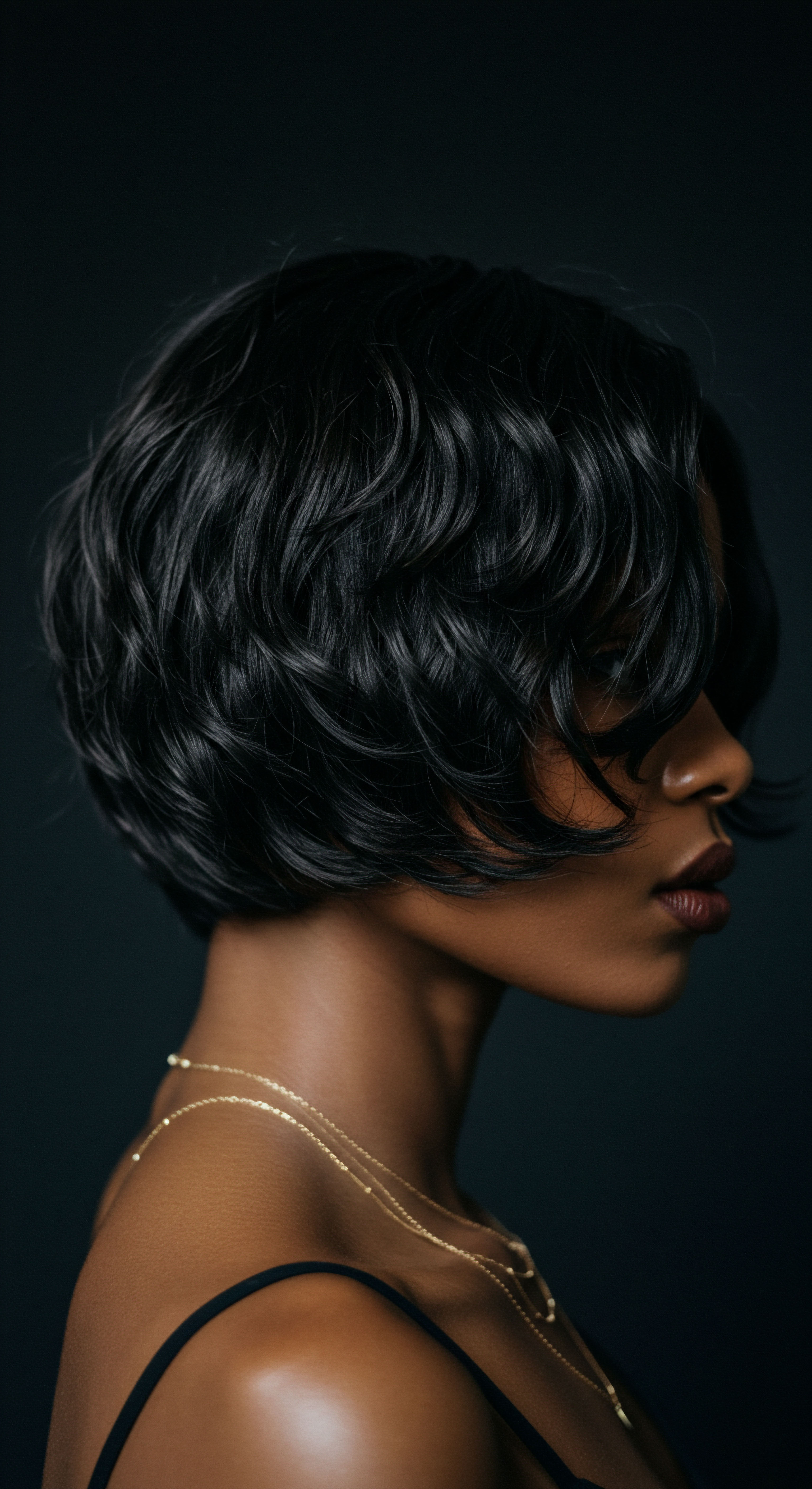 Rich Melanin Skin and Artful Defined Wavy Hair Patterns Showcase Showcasing radiant melanin-rich skin, this image highlights vibrant black hair. Its defined wavy patterns exemplify low manipulation styling, superb strand elasticity, and inherent hair integrity. It embodies meticulous expert care, proud ancestral heritage, and versatile hair architecture, celebrating true cultural identity.