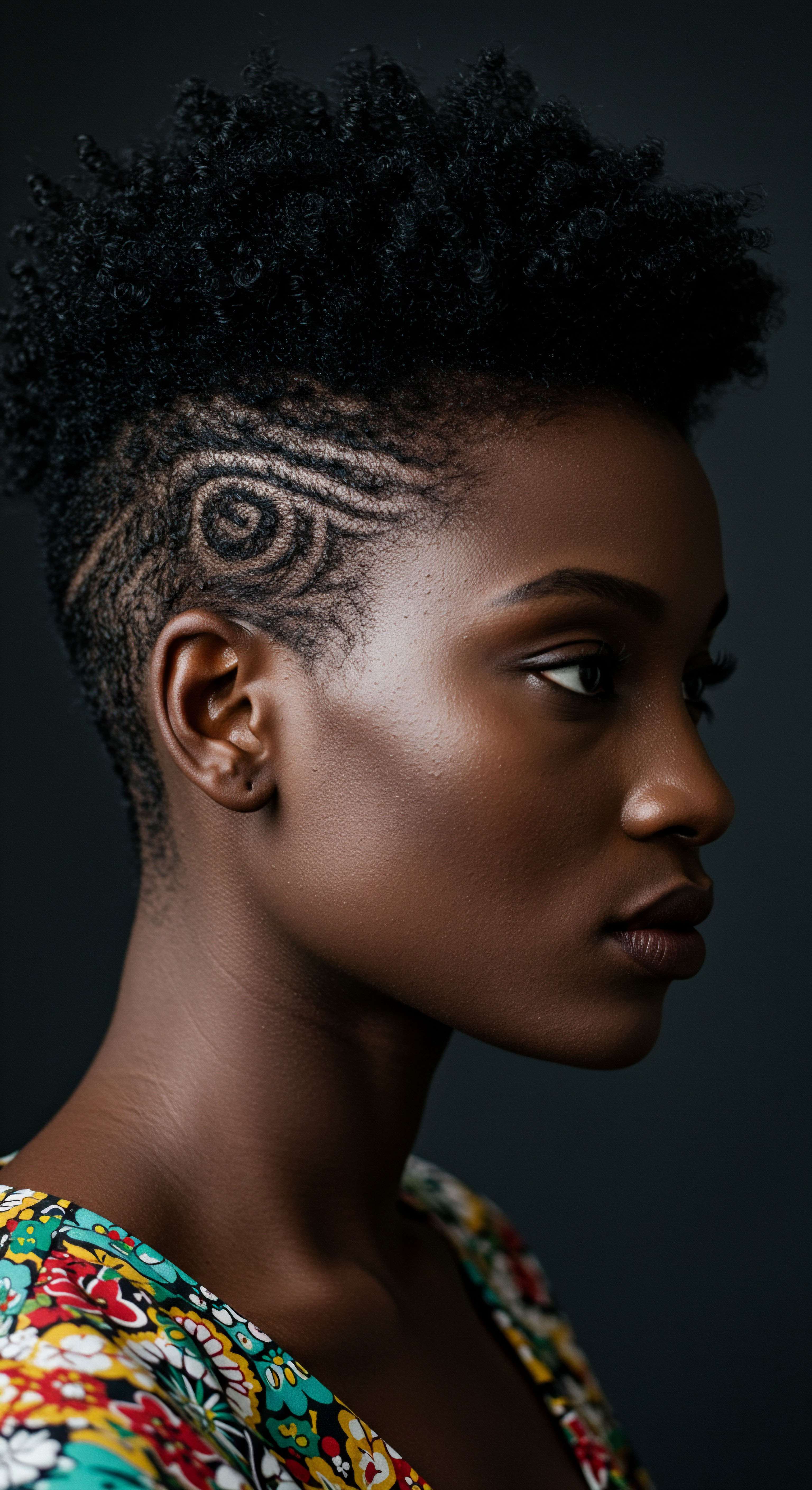 Roothea Displays Coily Pattern Precision Grooming And Cultural Heritage This captivating portrait showcases magnificent coily pattern definition with meticulous precision grooming. An intricate shaved design highlights Black hair versatility and profound cultural heritage, representing personal expression through purposeful natural styling. Evident scalp health, hair integrity, and vibrant texture affirm dedicated care practices for lasting moisture retention.