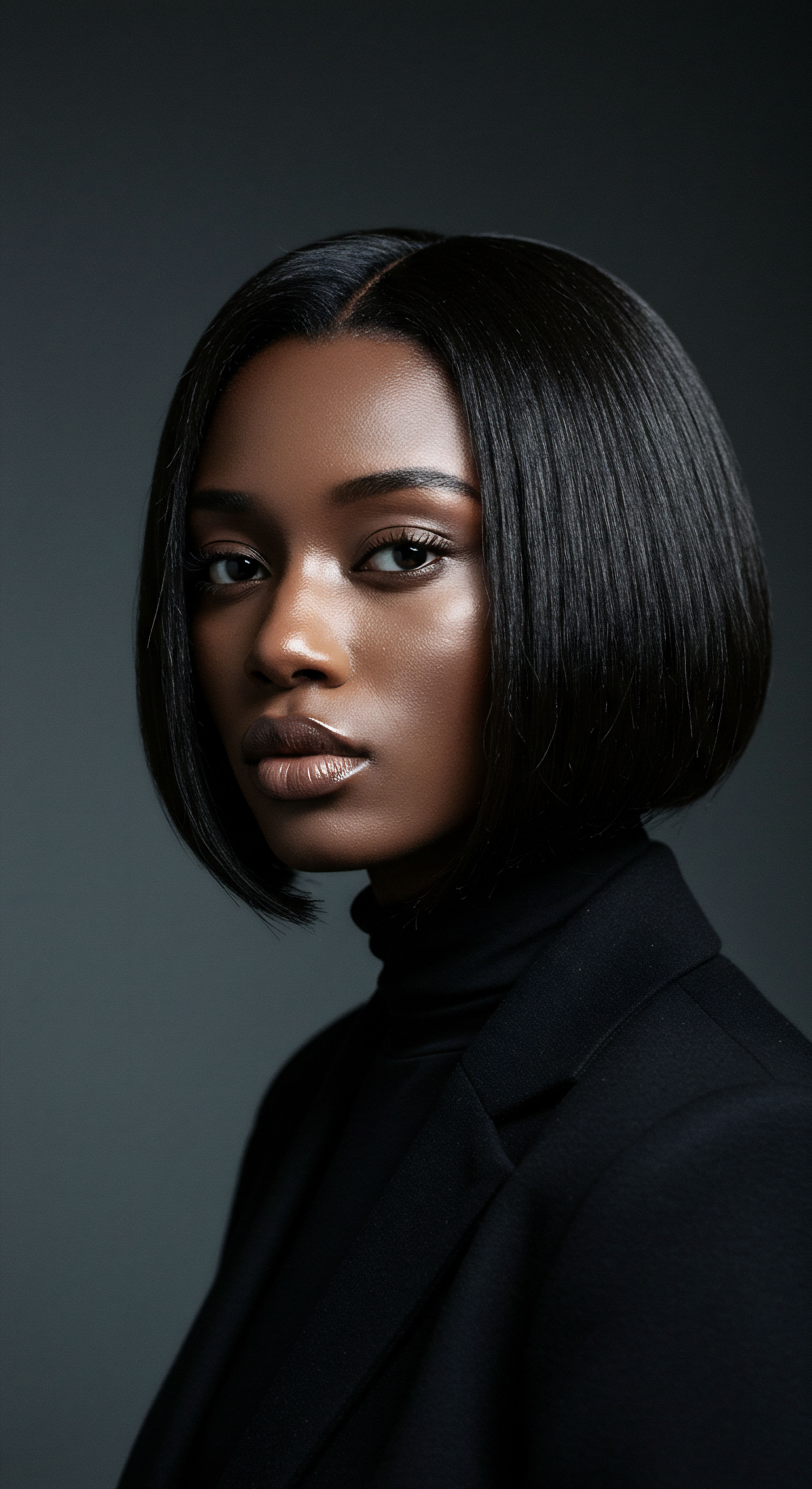 Roothea Radiant Silk Press Bob Advanced Black Hair Styling Care This stunning thermal styled bob exemplifies masterful Black hair styling. Its radiant shine, precise cuticle alignment, and healthy appearance reflect meticulous deep conditioning, optimal porosity management, and dedicated heritage hair care. This transformation beautifully enhances her natural texture, emphasizing healthy hair management and scalp health.