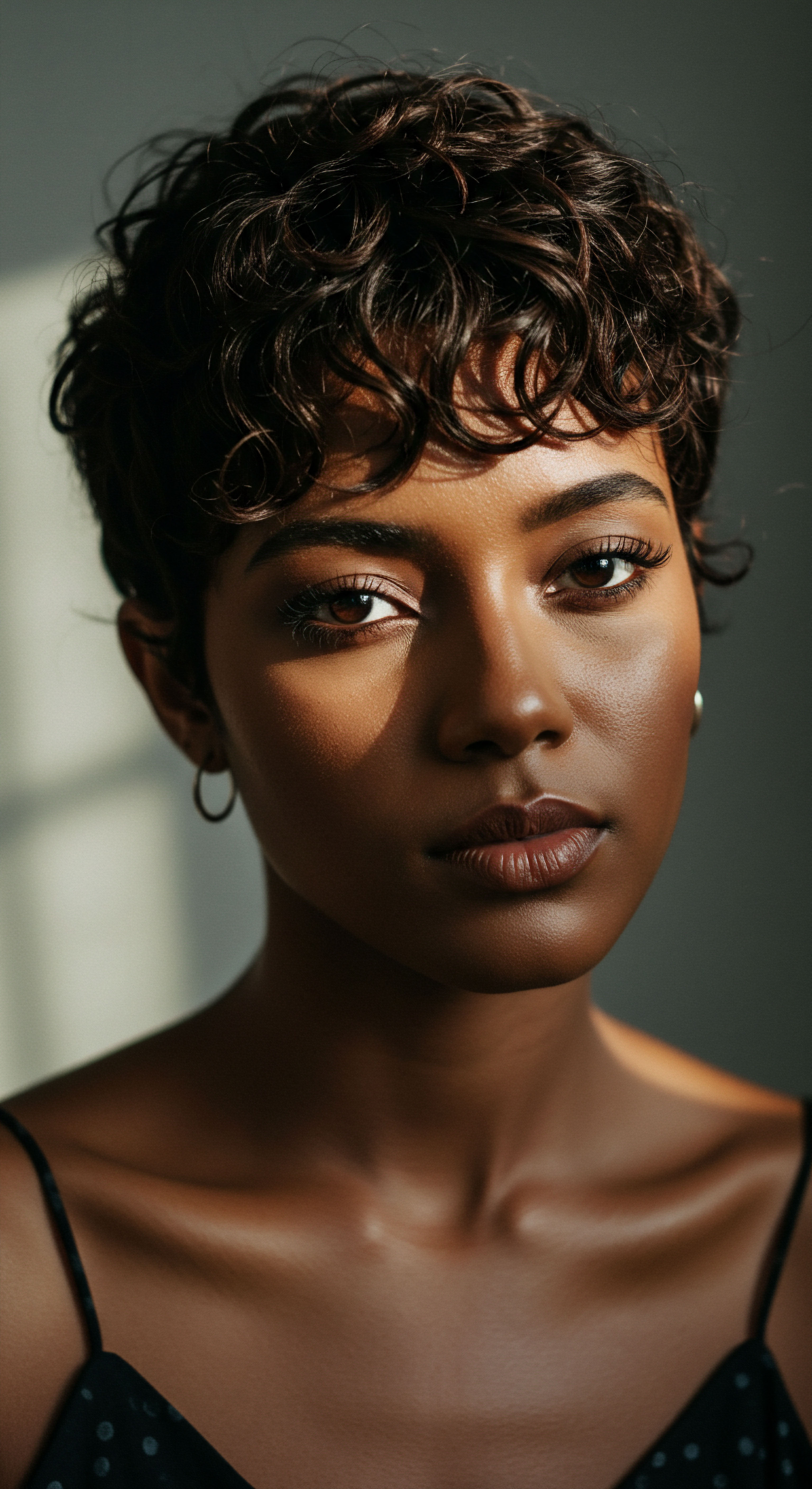 Roothea’s Approach To Hydrating And Defining Short Coily Textured Hair A captivating portrait displaying short textured hair, exhibiting defined coils and natural springs on melanin-rich skin. This reflects optimal low porosity hydration, superior strand integrity, and meticulous care. It is a powerful testament to Black Hair heritage and purposeful styling techniques.