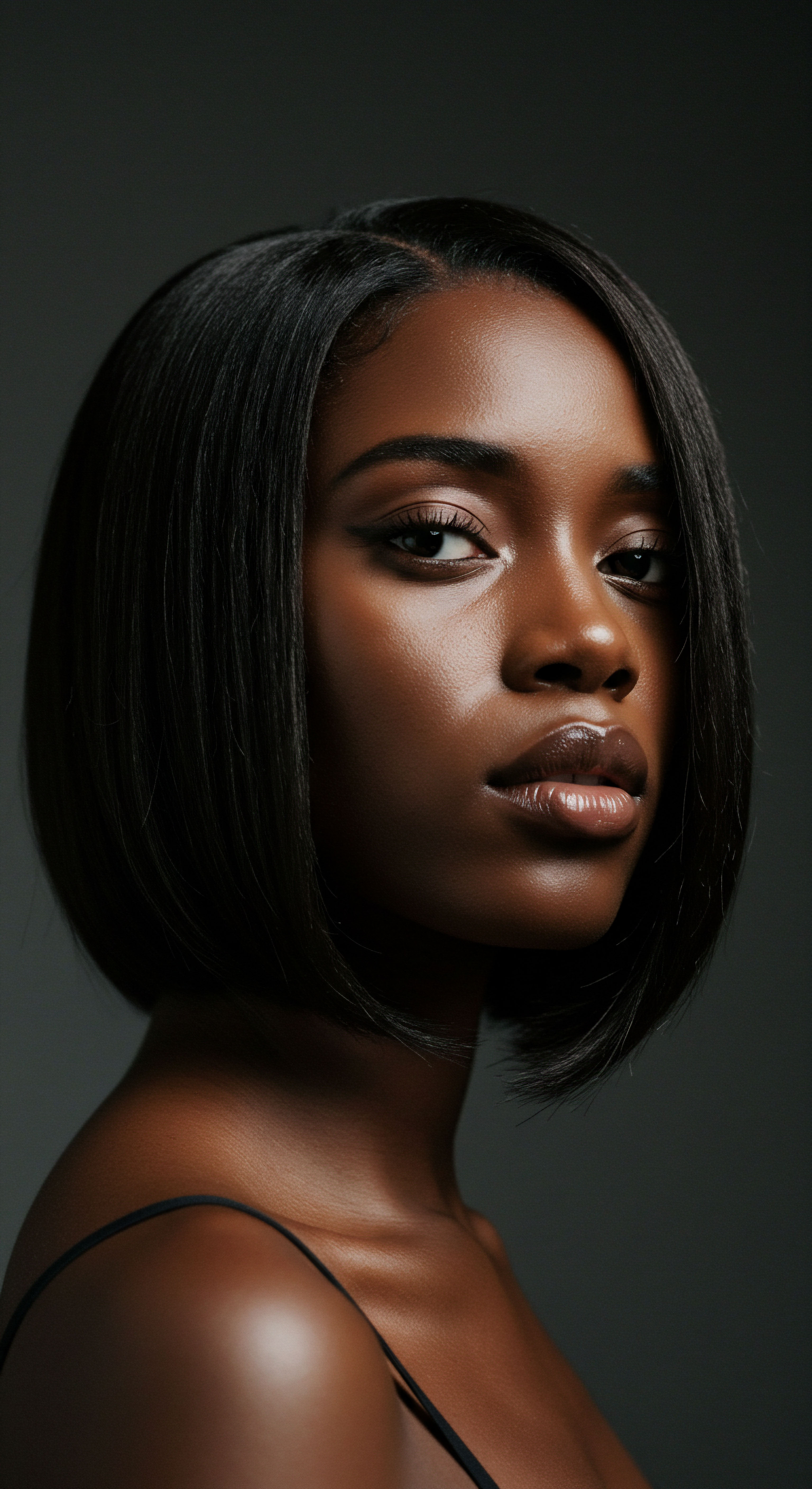 Roothea’s Expert Guide to Luminous Textured Hair Styling Mastery This portrait celebrates elegantly styled black hair, featuring an impeccable straight pattern with a profound glossy finish. Achieved through refined thermal manipulation and optimal moisture retention within a comprehensive care regimen, it highlights vibrant hair health and diverse mixed-race heritage, demonstrating impressive textured hair versatility and radiance.
