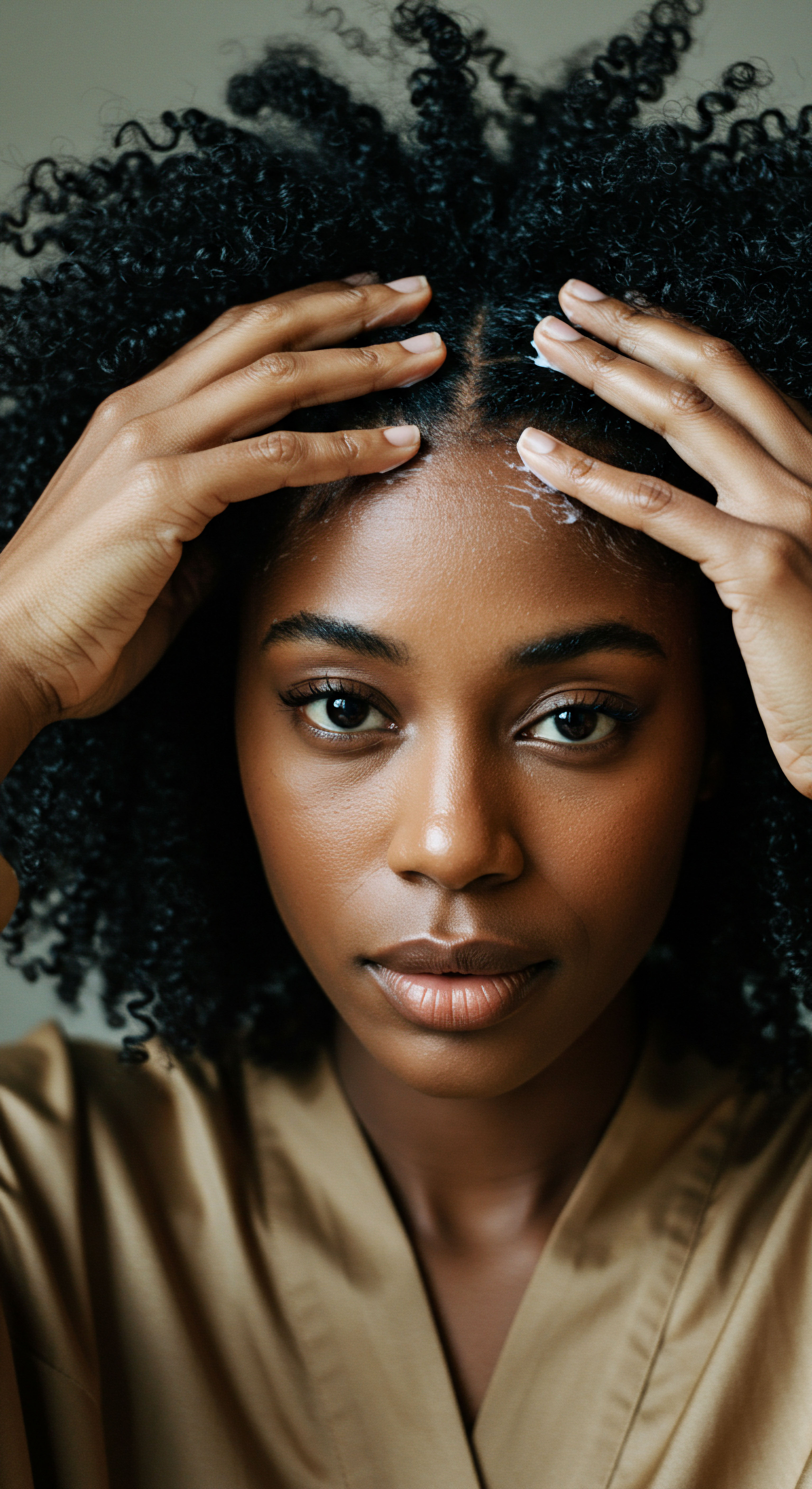 Scalp Nourishment Ritual For Resilient Coily Hair Deep Hydration & Hair Growth A woman's hands skillfully perform an intimate scalp care ritual. This deep hydration treatment delivers essential follicle nourishment and promotes scalp microbiome balance for her thriving coily hair. A foundational step in heritage hair styling, fostering resilient textured hair growth for optimal protective styling.