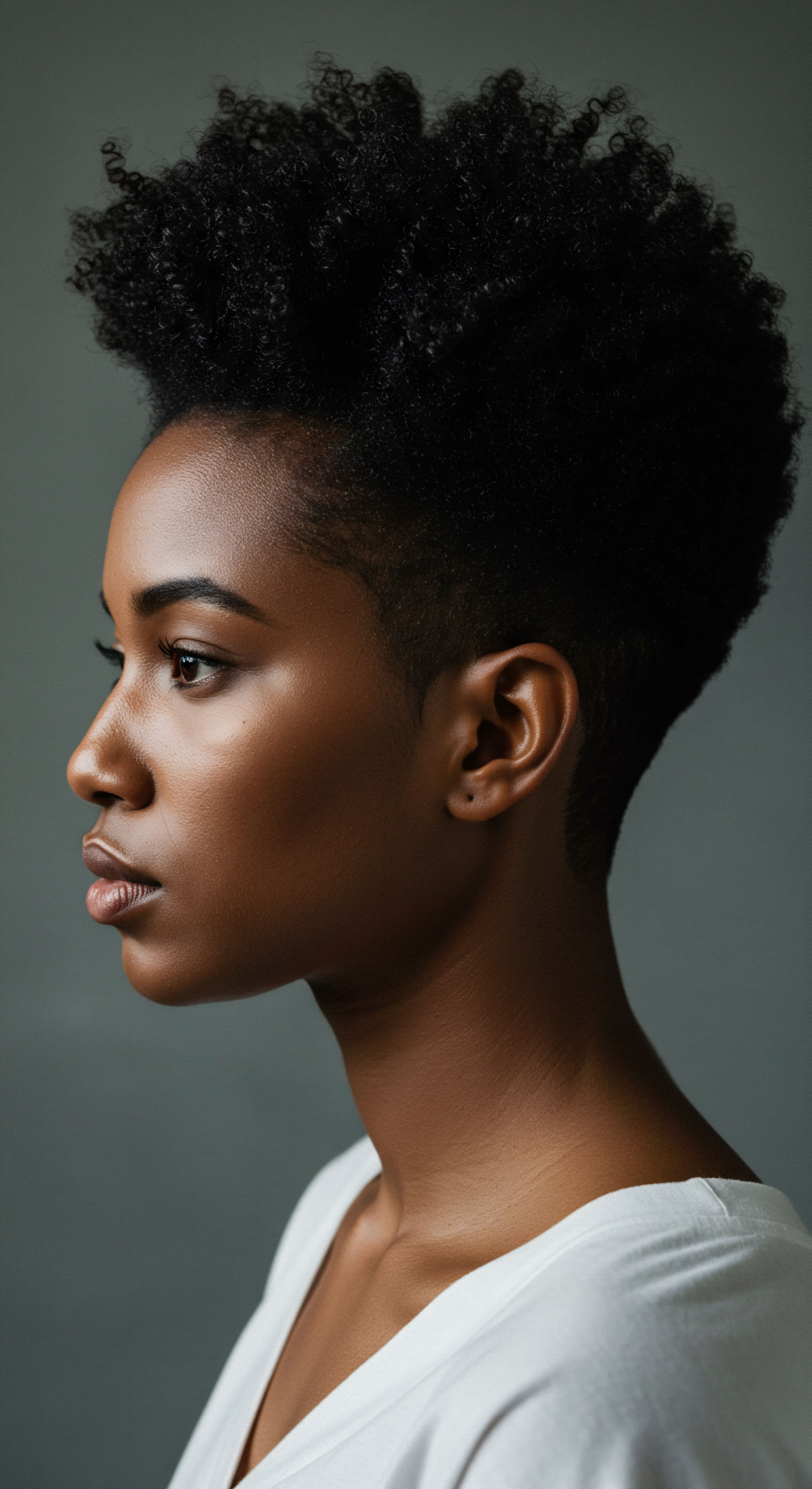 Sculpted Afro-Textured Hair Profile Highlighting Natural Volume and Intentional Styling Heritage A captivating profile reveals meticulously sculpted Afro-textured hair, showcasing lustrous, well-defined coils. The exceptional pattern definition and healthy volume speak to a regimen prioritizing optimal hydration, advanced care, and moisture retention. This styling celebrates Black hair heritage and reflects masterful technique and personal expression.