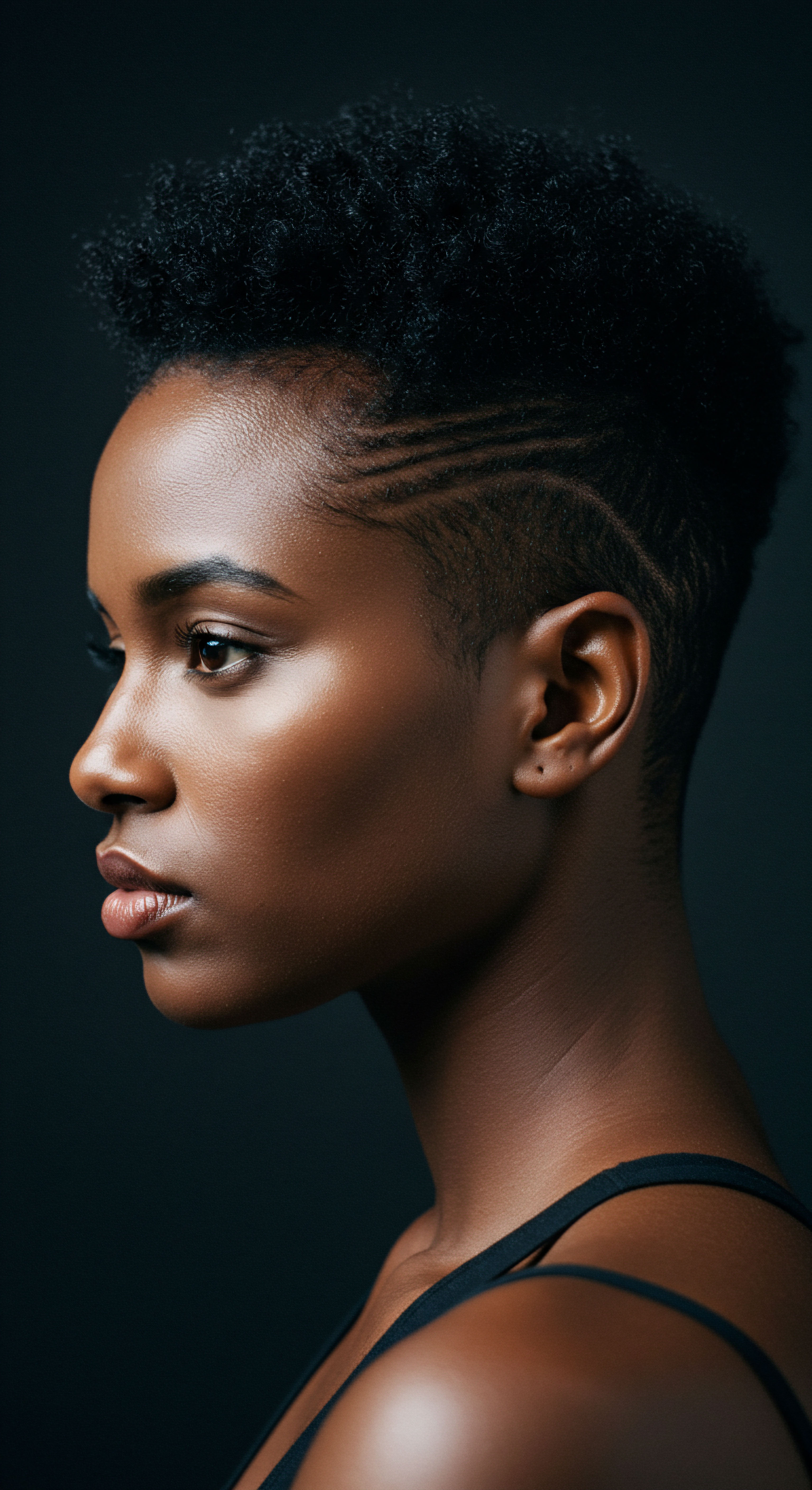 Sculpted Coily Hair Artistry Faded Temple Definition Heritage Styling Embrace the artistry of kinky-coily hair showcased in this stunning profile. A meticulously faded temple reveals an intricate geometric pattern, embodying precision styling and celebrating rich Black hair heritage. This image inspires holistic hair care practices and moisture retention for vibrant, resilient textured patterns.