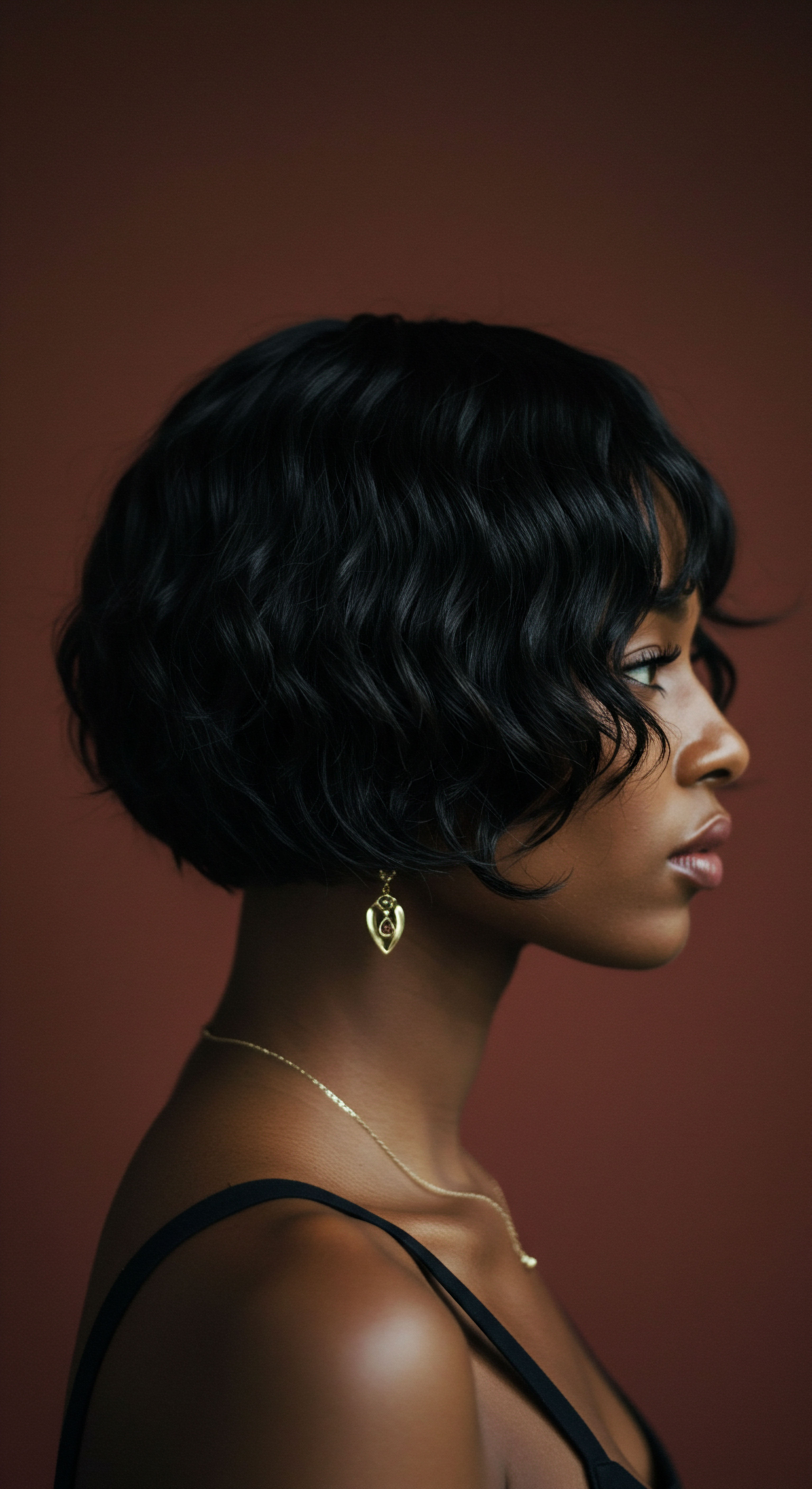 Sculpted Hair Patterns Honoring Heritage and Hair Resilience This compelling profile showcases textured hair with a sophisticated wavy bob, embodying exceptional pattern definition and deep pigmentation. Optimal hydration and careful moisture retention strategies are evident, reflecting advanced Black Hair Care. It represents a proud heritage of ancestral styling and hair resilience.