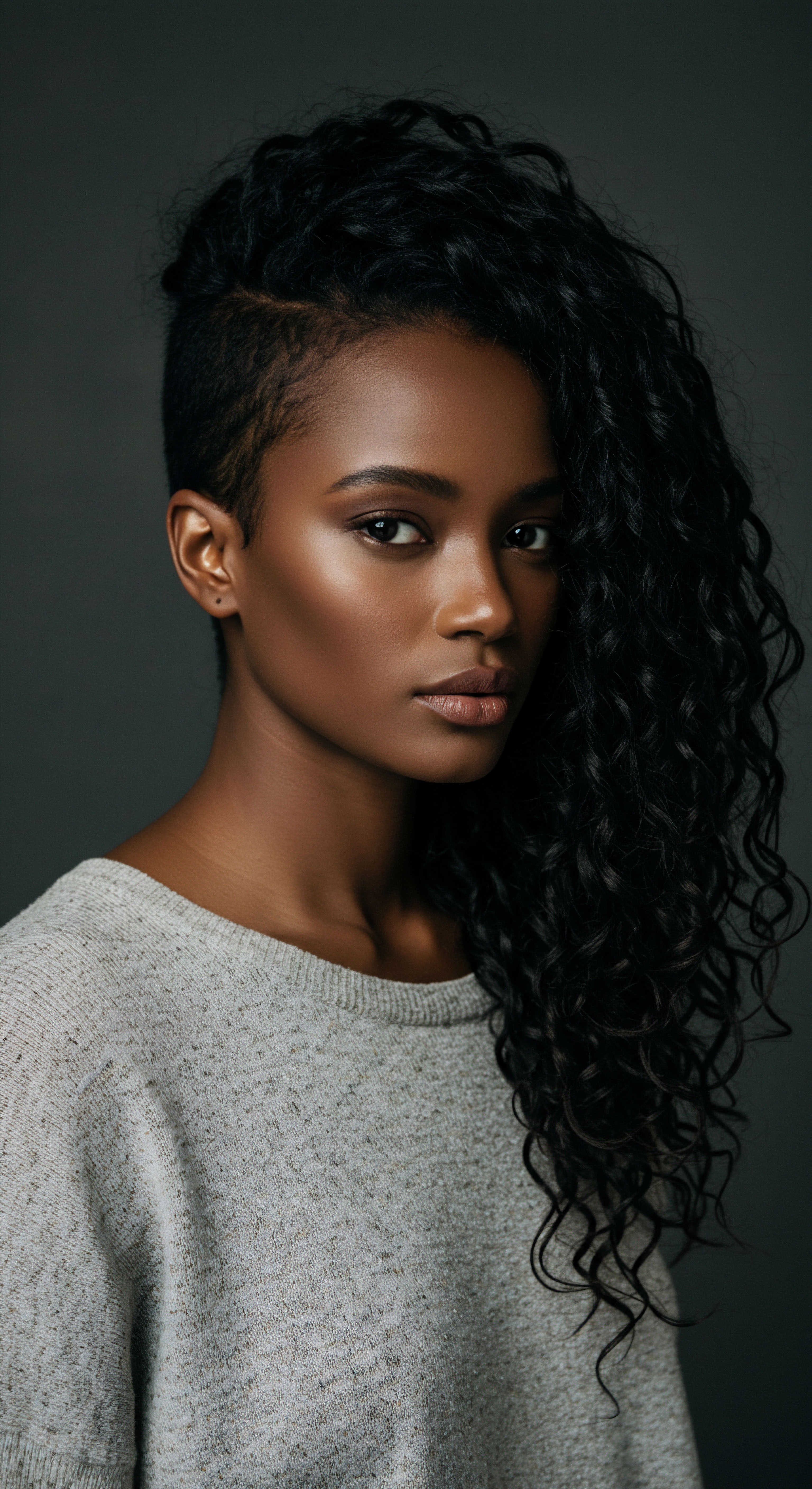 Sculpted Natural Hair Pattern Defining Mixed-Race Beauty Through Asymmetrical Styling This portrait celebrates the vibrant versatility of natural black hair. Defined coily patterns flow alongside a precision undercut, embodying resilience and strength. It represents dedicated scalp care, strategic styling, and honoring mixed-race heritage, emphasizing healthy fiber integrity and shine.