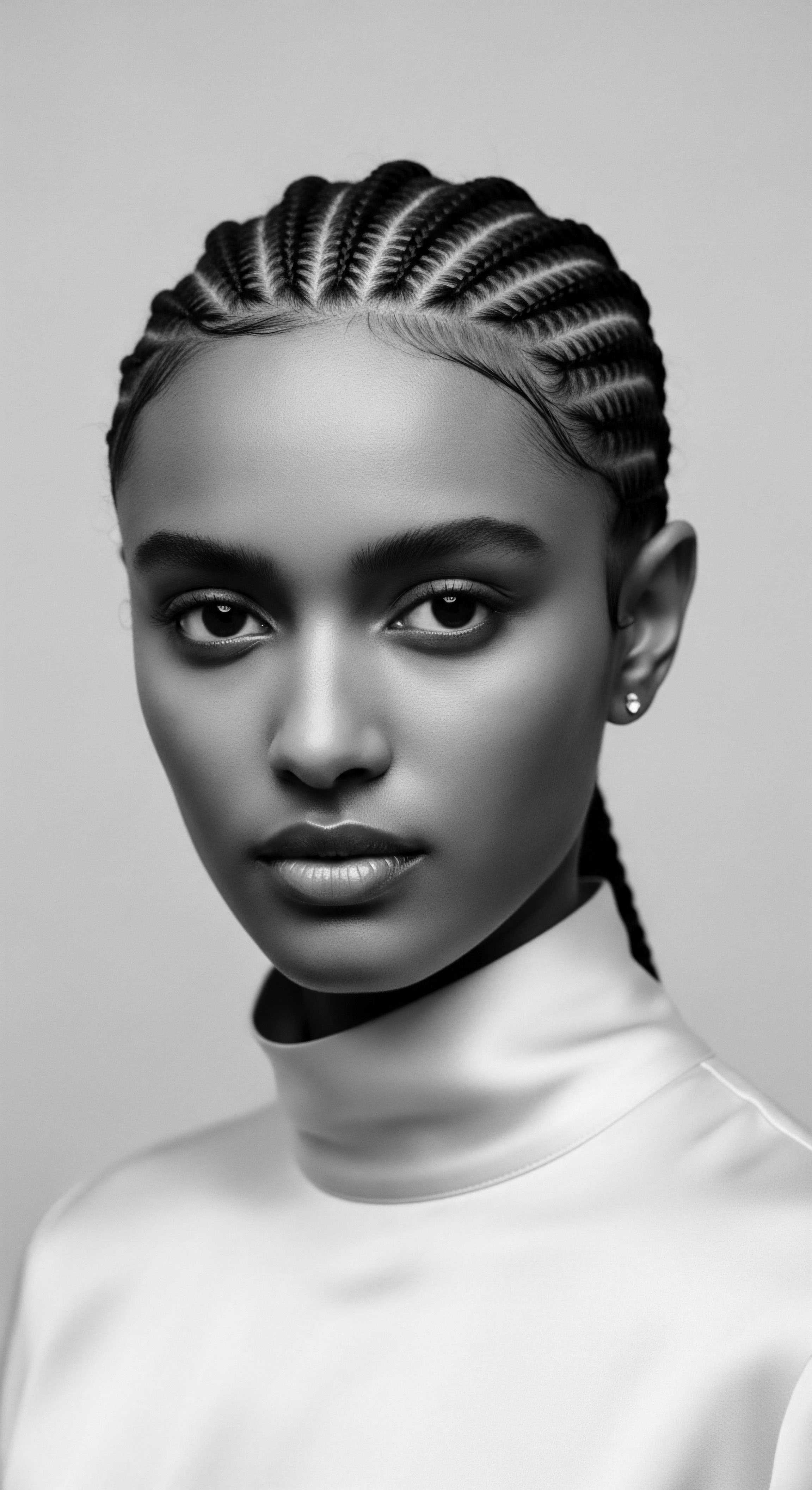 Serene Portrait of a Woman Featuring Cornrow Braids and Silken Attire This monochromatic study exemplifies the refined artistry of cornrow styling, embodying cultural heritage with a touch of modernity and self-assured sophistication. The sleek arrangement accentuates facial symmetry, enhancing the portrait's depth and showcasing textured hair design.