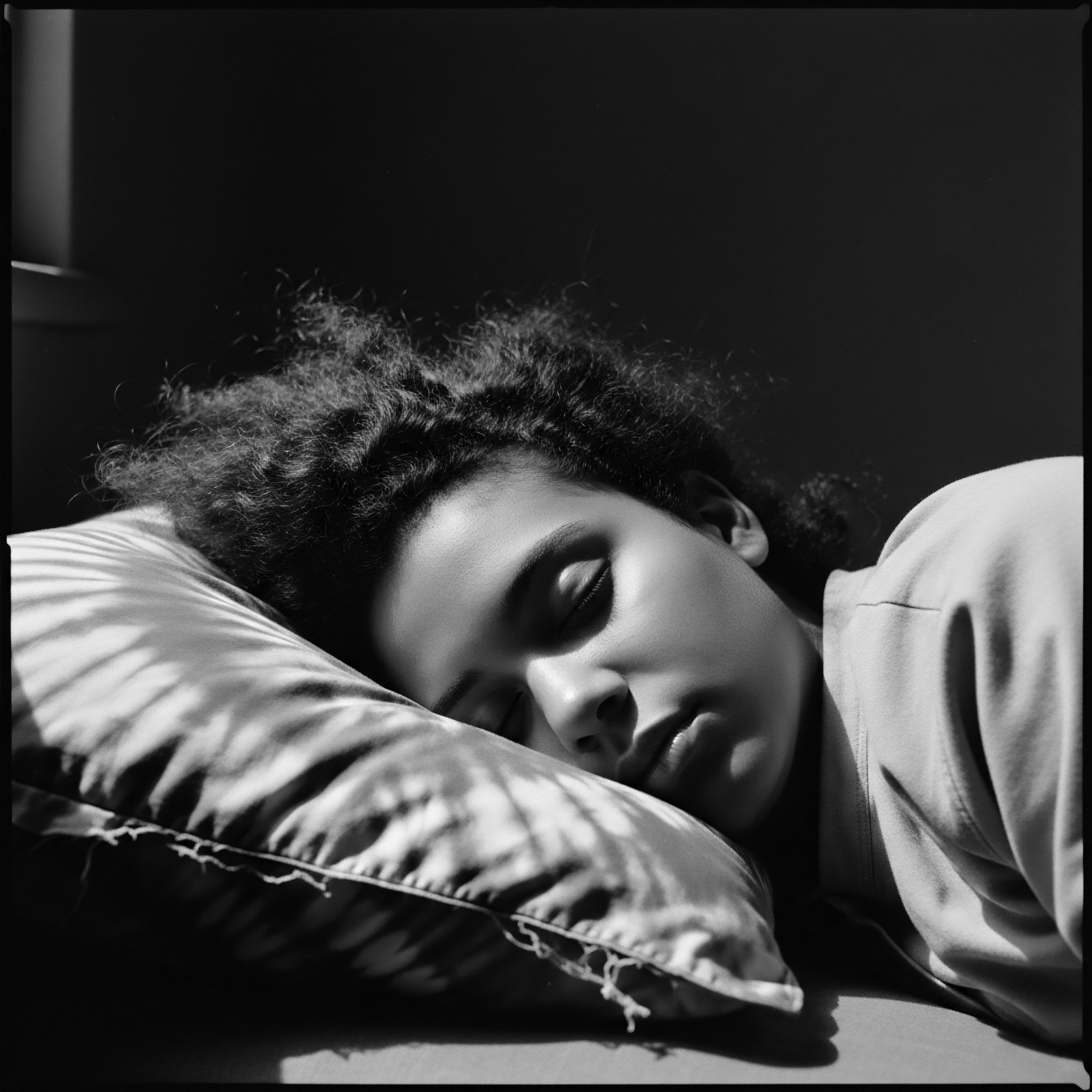 Serene Slumber Portrait Textured Hair Resting Softly on Patterned Pillow A peaceful rest is visually defined textured hair lies gently against a patterned pillow, highlighting the deep connection to heritage and identity. Self-care is revealed in this moment through rest, and a reminder of natural hair's beauty.