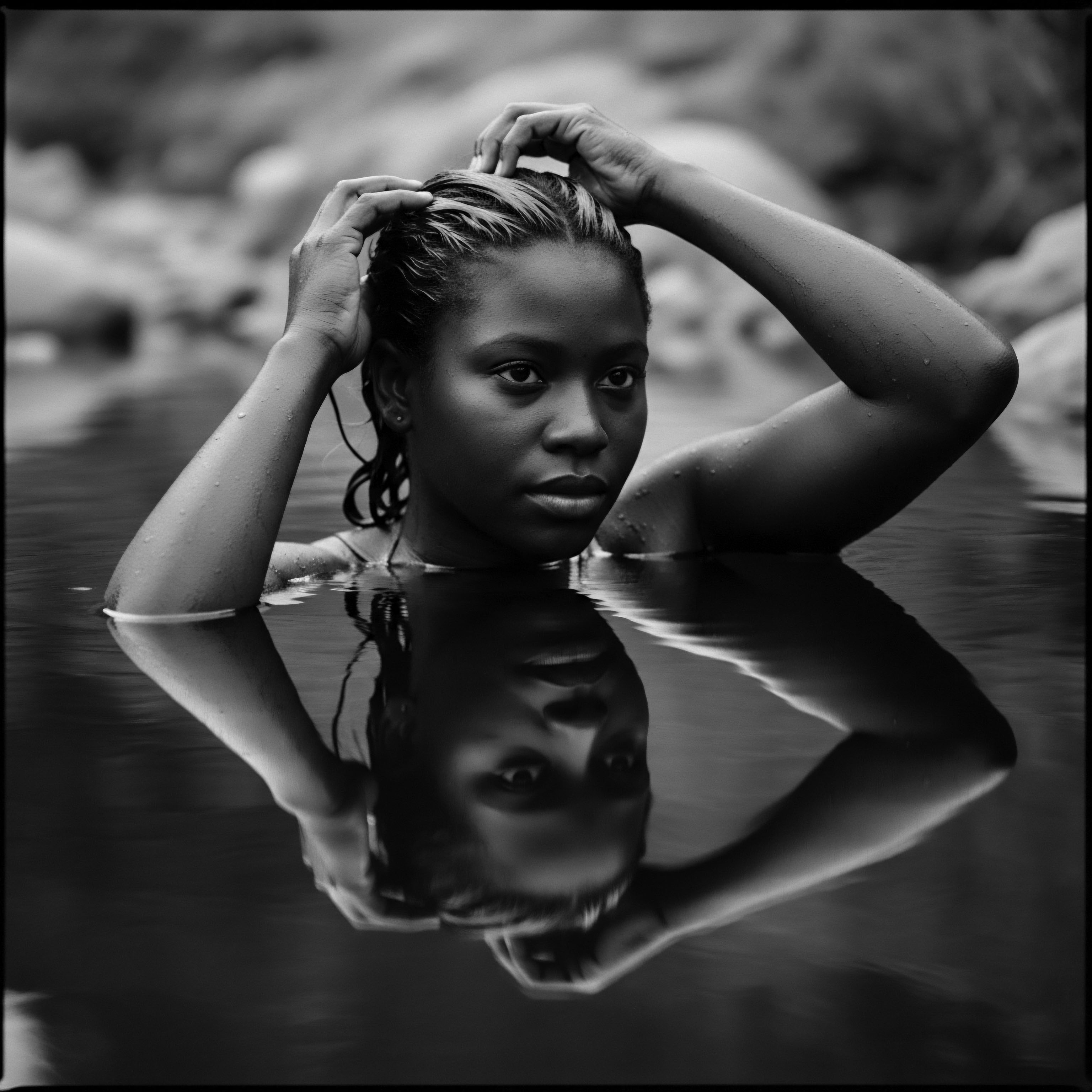 Serene Woman Embraces Reflections in Still Water Textured Hair Journey Submerged in tranquil waters, a woman's confident expression and careful tending to her textured hair symbolizes a deeper connection to holistic well being and cultural identity, celebrating its diverse formations, from resilient coils to elegant undulations passed down through generations, embodying a rich heritage.