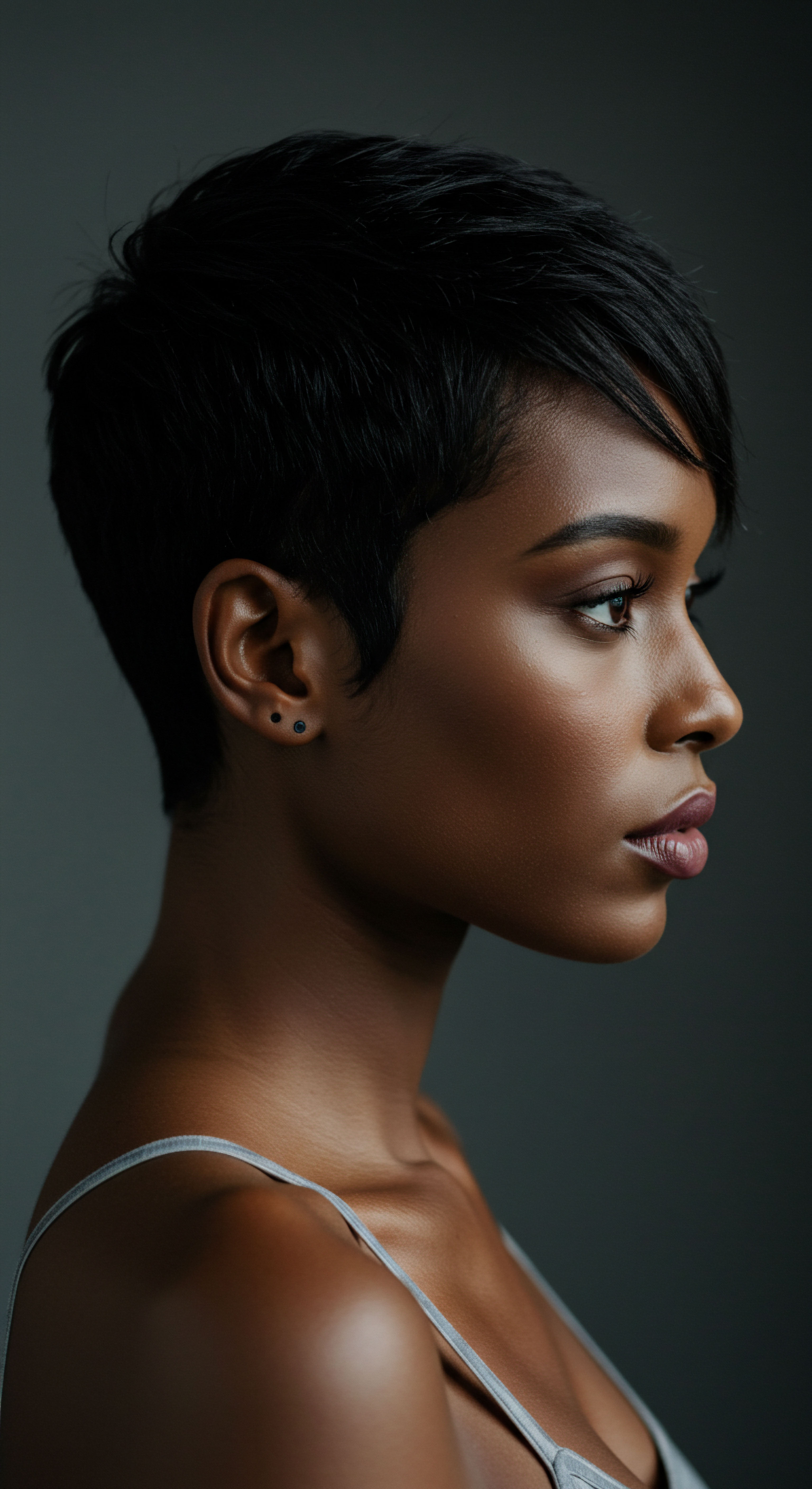 Short Sculpted Textured Hair Healthy Low Porosity Hair Styling Definition This serene profile highlights a woman's expertly sculpted short textured hair. Her low-porosity strands radiate brilliant natural sheen, showcasing remarkable hair pattern definition. It embodies optimal scalp health, deep hydration, and effective moisture retention, a testament to profound ancestral hair care and advanced protective styling.