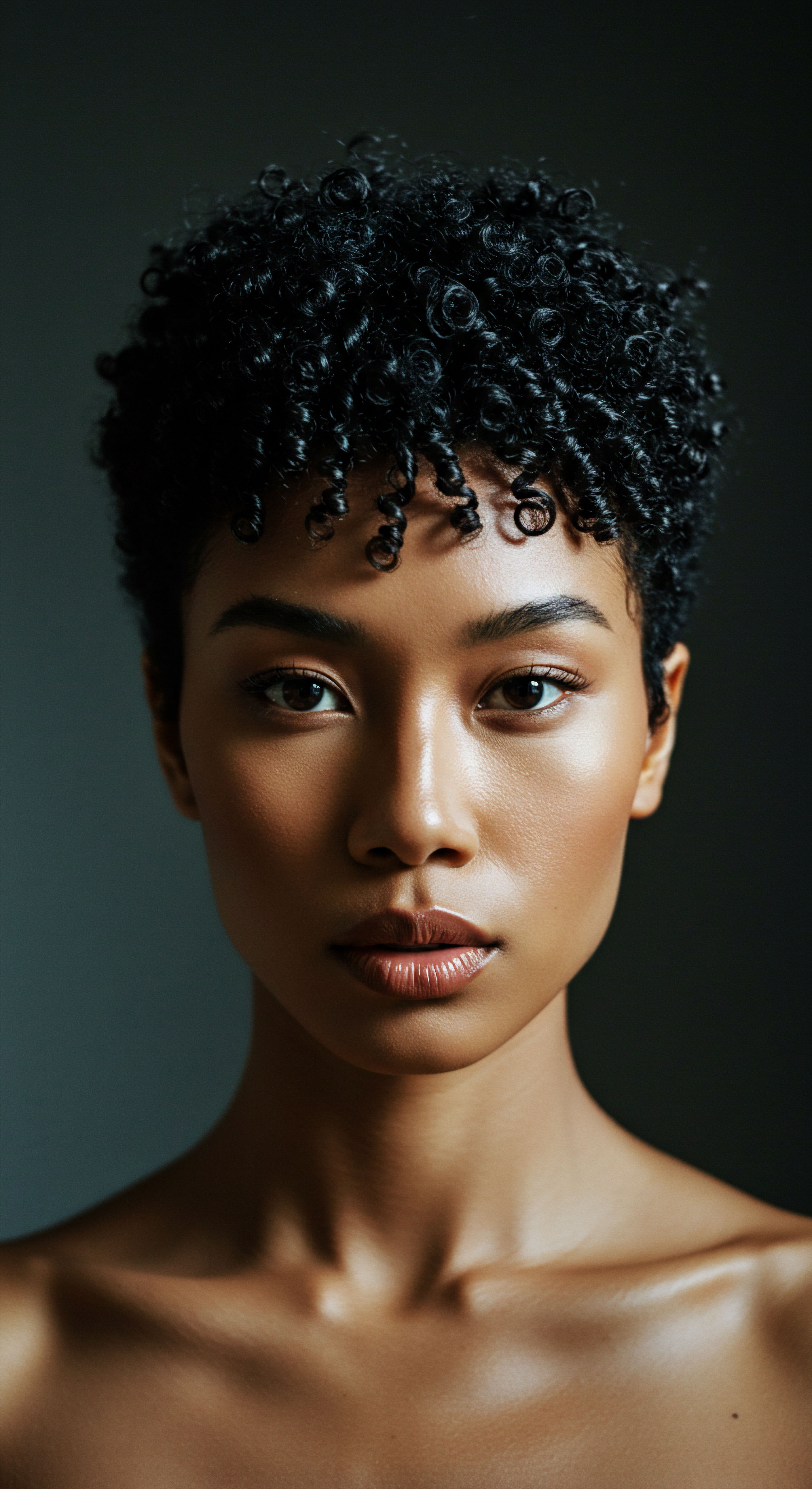 Short Textured Hair Care Defining Coils African Heritage Styling Highlighting authentic mixed-race beauty, this portrait presents high-density Afro-textured patterns and flawless spring definition. The luminous melanin-rich complexion and healthy scalp attest to consistent textured hair care and moisture retention. It exemplifies heritage-based natural styling for overall wellness.