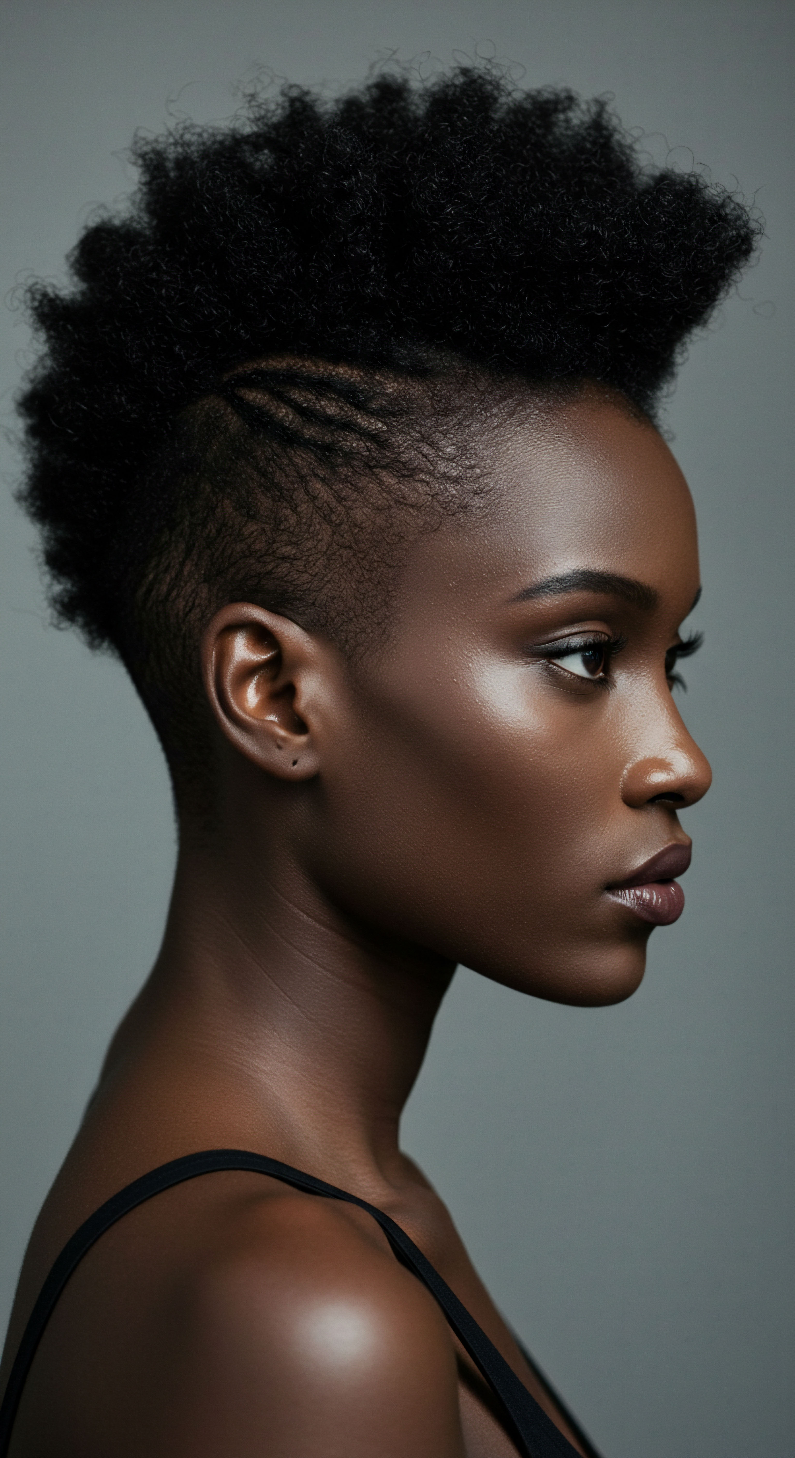 Showcasing African Heritage Textured Hair Sculpted with Undercut Braids Embodying ancestral hair artistry, this image reveals a sculpted kinky-coily texture paired with intricate undercut cornrow patterns. Her melanin-rich complexion exudes deep epidermal hydration and healthy sheen, showcasing impeccable texture care and moisture retention. It truly celebrates natural hair heritage and pattern definition through protective styling excellence.