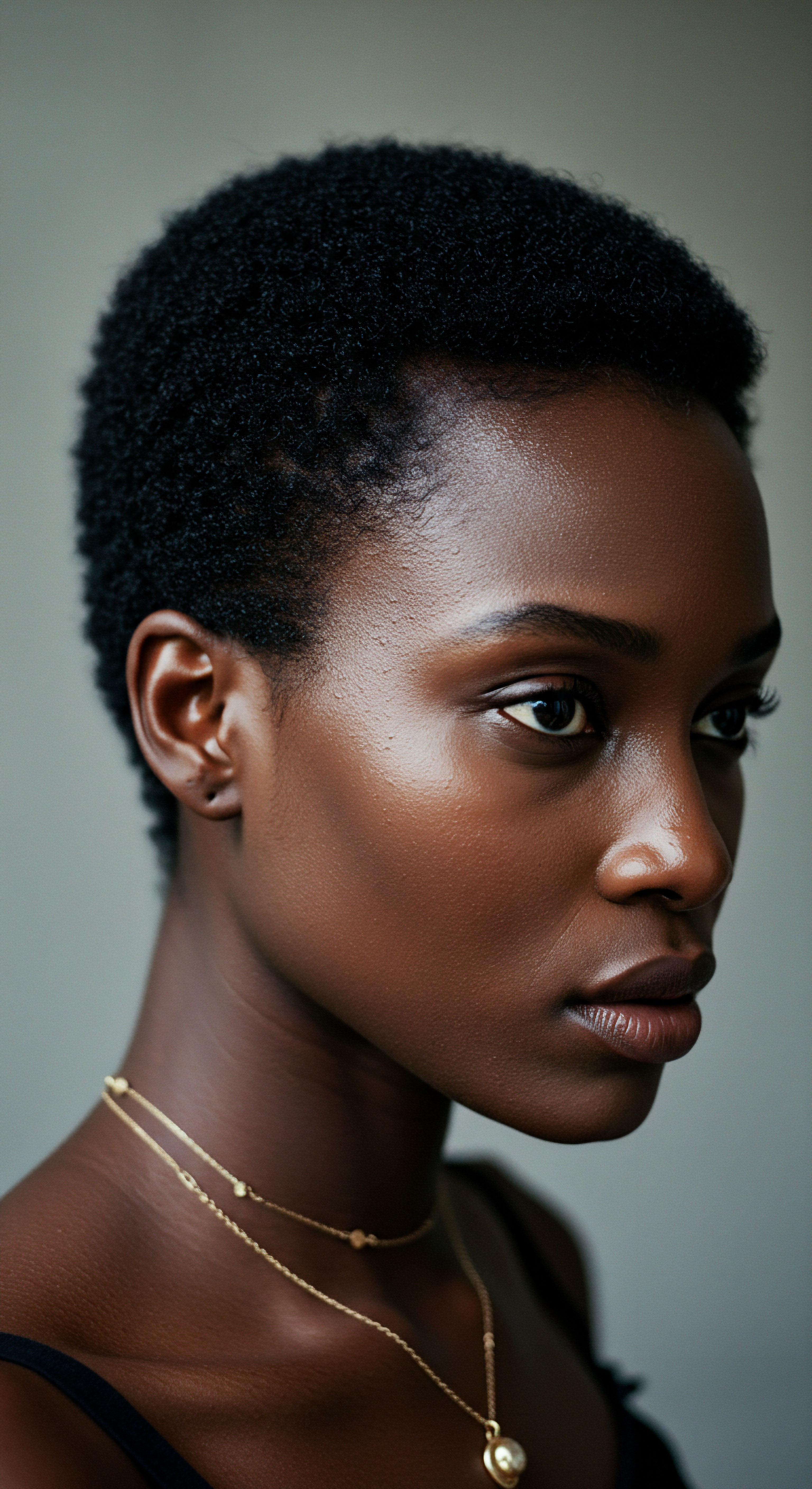 Showcasing Radiant Skin and Coily Hair Texture with Ancestral Shine This profile highlights a woman's thriving, deeply hydrated, tightly coiled afro-texture, showcasing healthy sheen and pattern definition. Luminous skin reflects meticulous scalp health and expert natural hair care, embodying ancestral heritage. It captures versatile styling for optimal vitality.