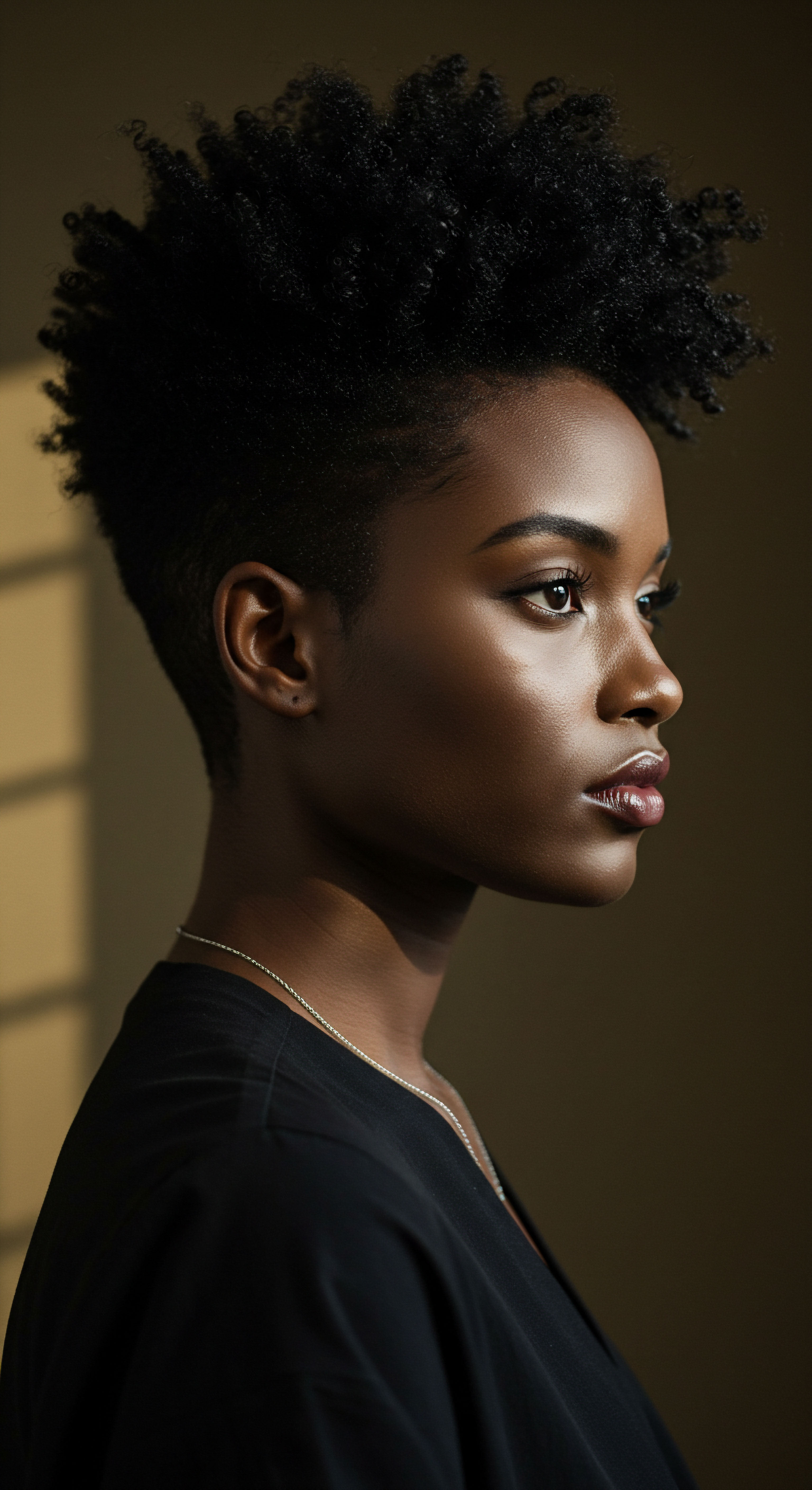 Showcasing Resilient Coiled Hair Density and Luminous Skin Radiance A striking profile features a woman's high-density coiled hair, highlighting exceptional definition and inherent resilience. Her radiant melanin-rich skin exemplifies optimal scalp health and deep moisture retention. This image embodies ancestral beauty, celebrating meticulous Afro-texture styling and advanced hair care for vitality.