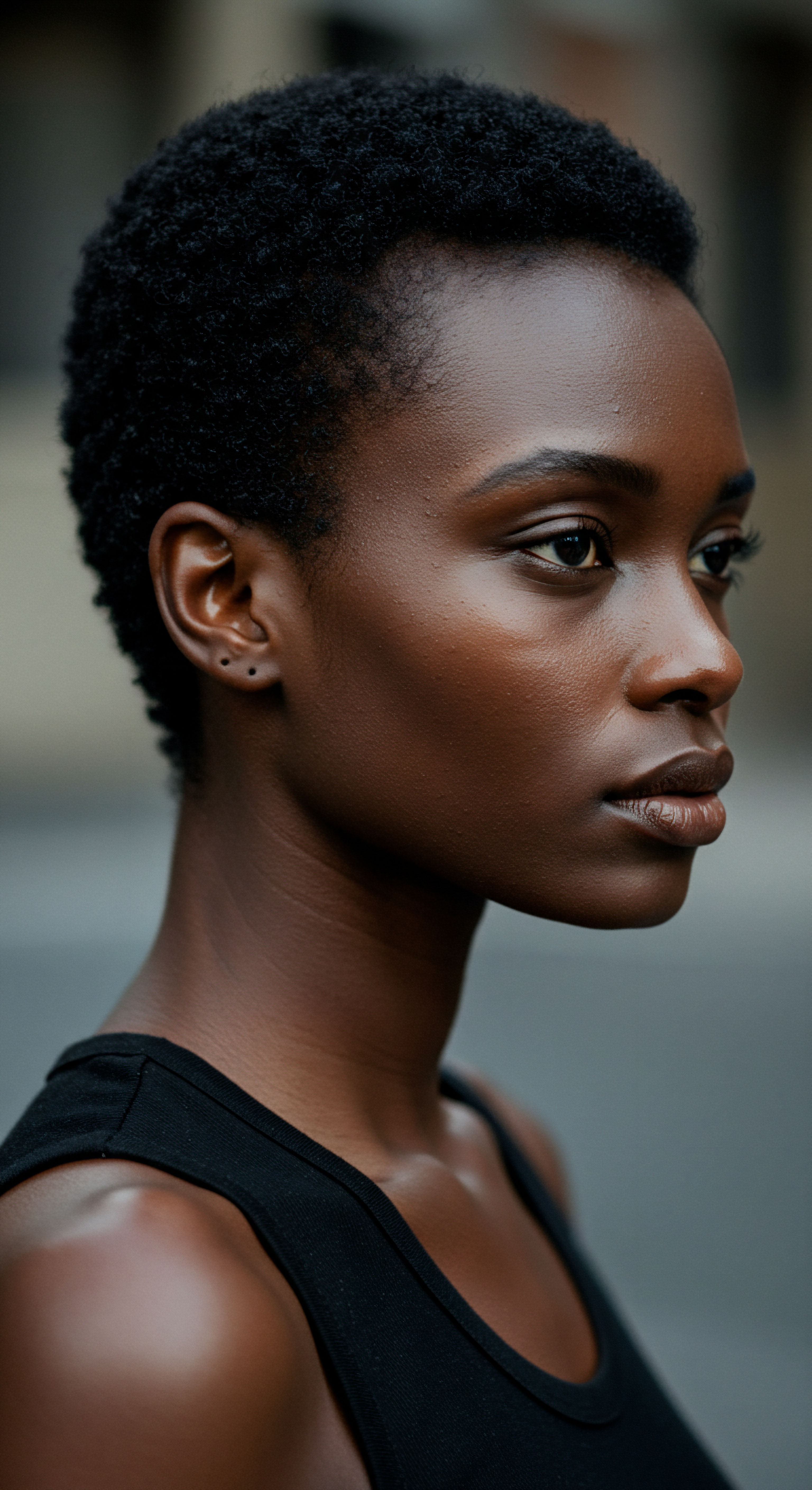 Showcasing Resilient Coily Hair for Ancestral Care Striking profile displays vibrant afro-textured hair its coily patterns exemplify natural form and resilience. Luminous, melanin-rich skin denotes expert care and moisture retention. A celebration of heritage-rooted beauty, achieved through precise styling and promoting vital scalp health.
