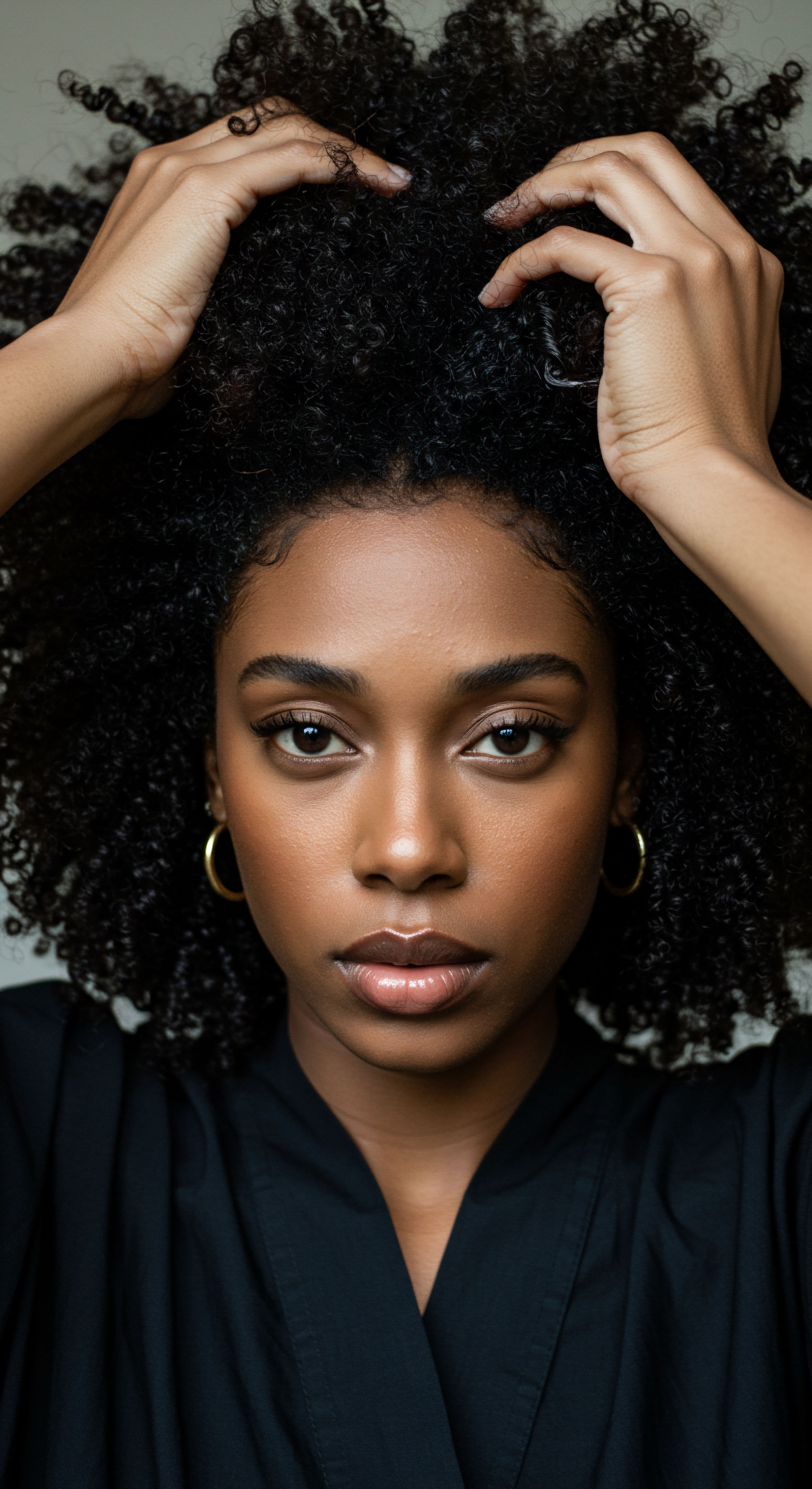 Showcasing Resilient Kinky Coils And Textured Hair Care Practices Celebrating Black hair heritage, this portrait presents lush dense coils. Hands depict meticulous textured hair care optimizing hydration and moisture retention for profound definition. It embodies natural resilience, spring, and intentional styling promoting overall follicular health and ancestral beauty through proper regimen.