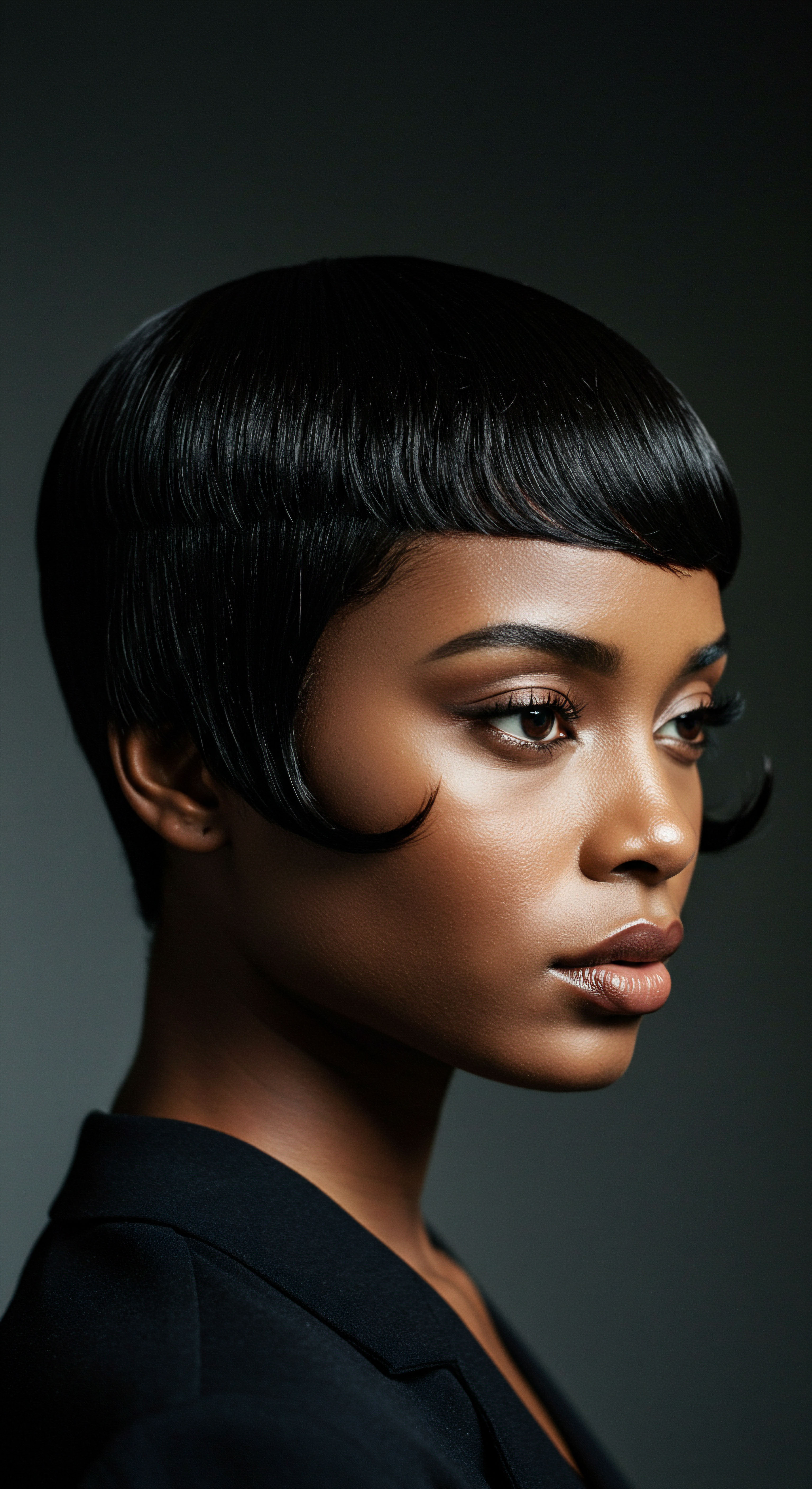 Sleek Afro-Textured Hair Finger Wave Styling and Defined Bangs A captivating profile showcases deeply pigmented textured hair, exquisitely styled with sleek finger waves and a sharp blunt fringe. This sculpted pattern masterfully demonstrates advanced thermal styling, promoting exceptional shine, robust moisture retention, and radiant definition. Such precise hair artistry highlights sophisticated hair care techniques vital for hair health and esthetic elegance, reflecting a blend of heritage and contemporary styling.