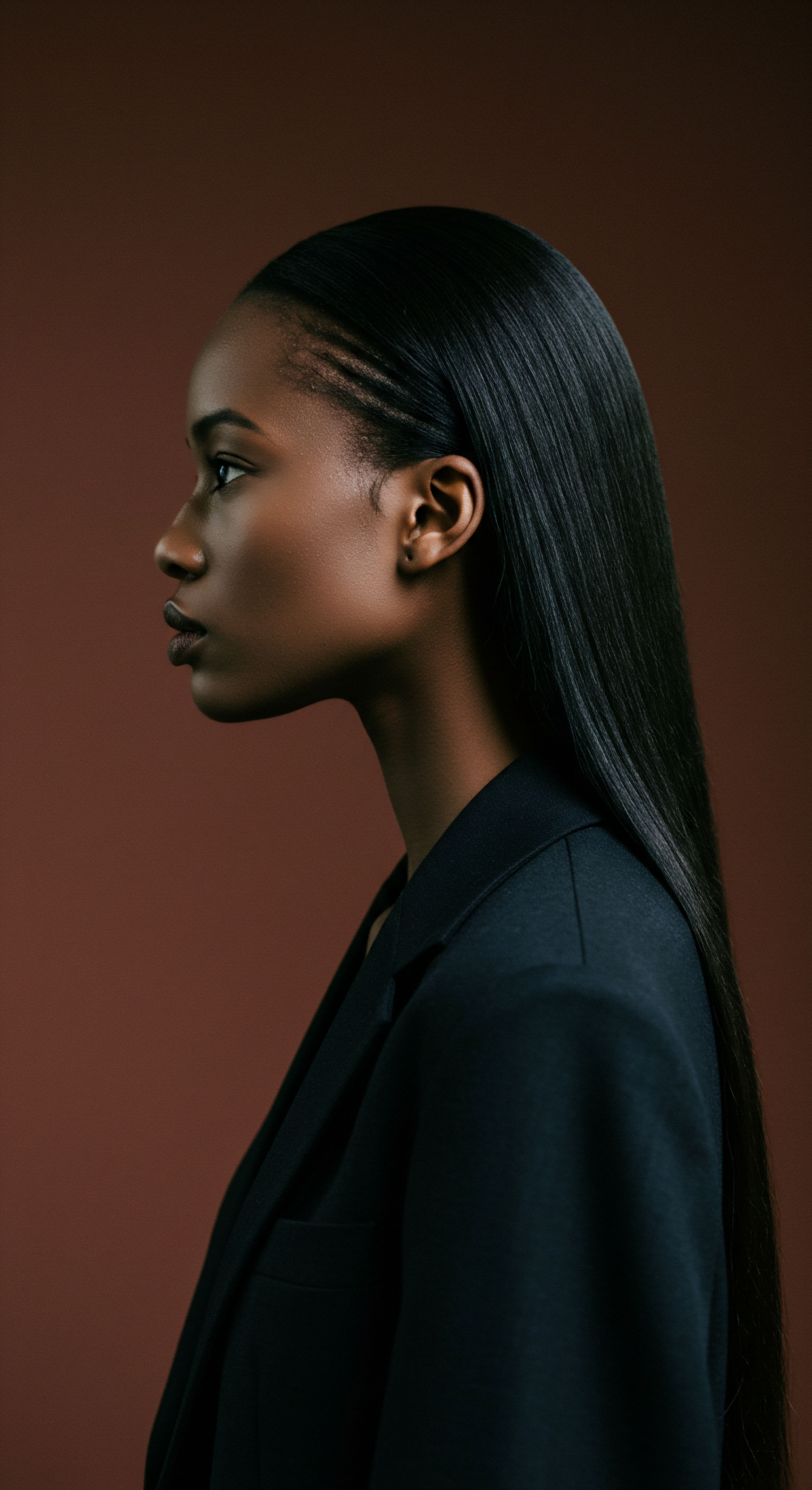 Sleek Ancestral Hair Design Professional Silk Press Mastery Witness black hair heritage manifested through a flawless silk press, showcasing remarkable strand elasticity and reflective shine. Expert heat protection ensured optimal health. Subtle ancestral cornrows at the hairline honor deep traditions, exemplifying advanced braiding artistry and diligent low porosity care, a powerful statement of elegant textured pattern styling.