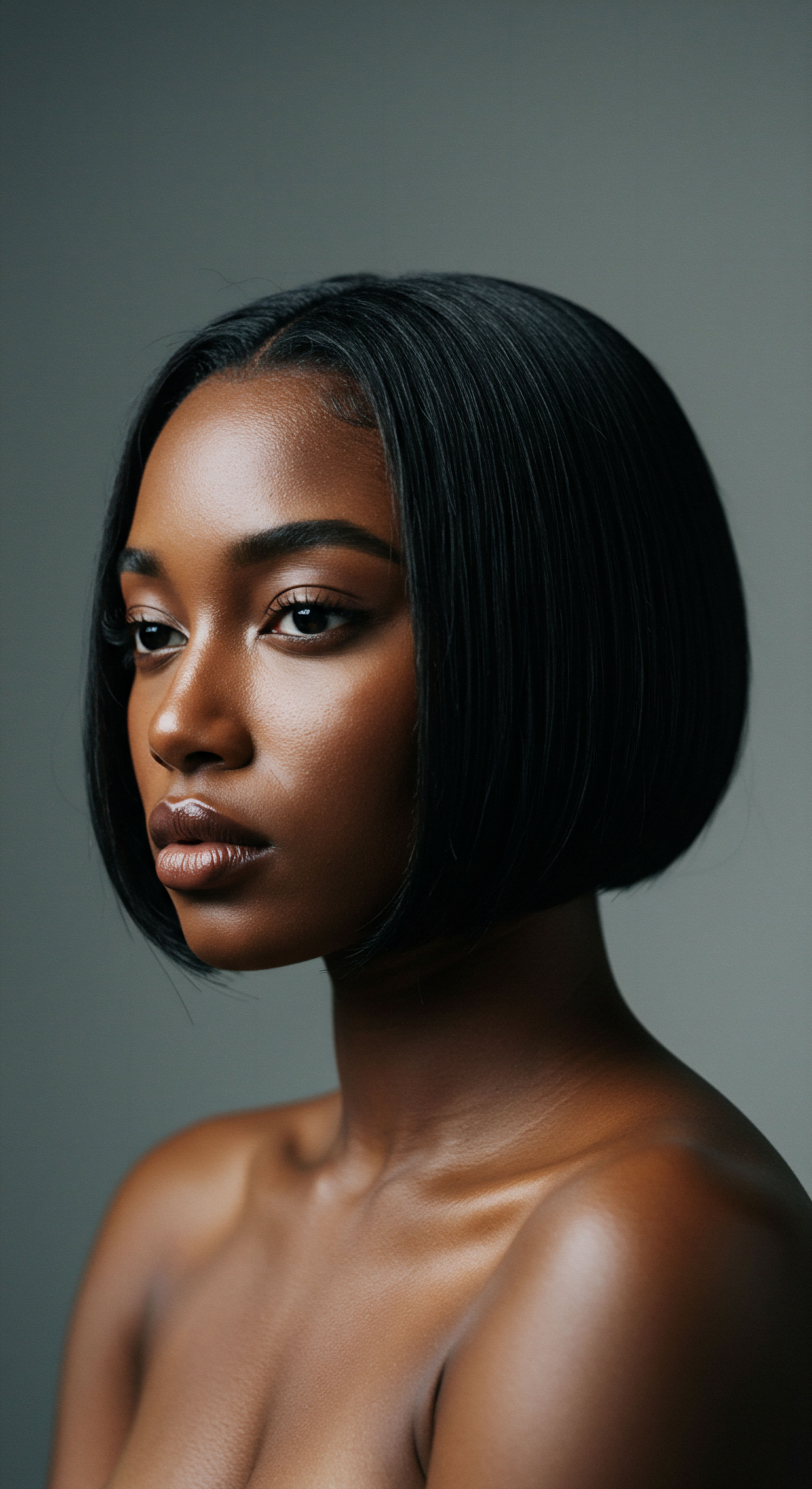 Sleek Black Bob Evokes Textured Hair Health Through Expert Silk Press Styling Expert styling defines this sleek Black Hair bob, demonstrating precise silk press technique for incredible luminosity and strand health. Her radiant melanin-rich complexion and deeply conditioned textured patterns embody dedicated care and ancestral beauty practices.