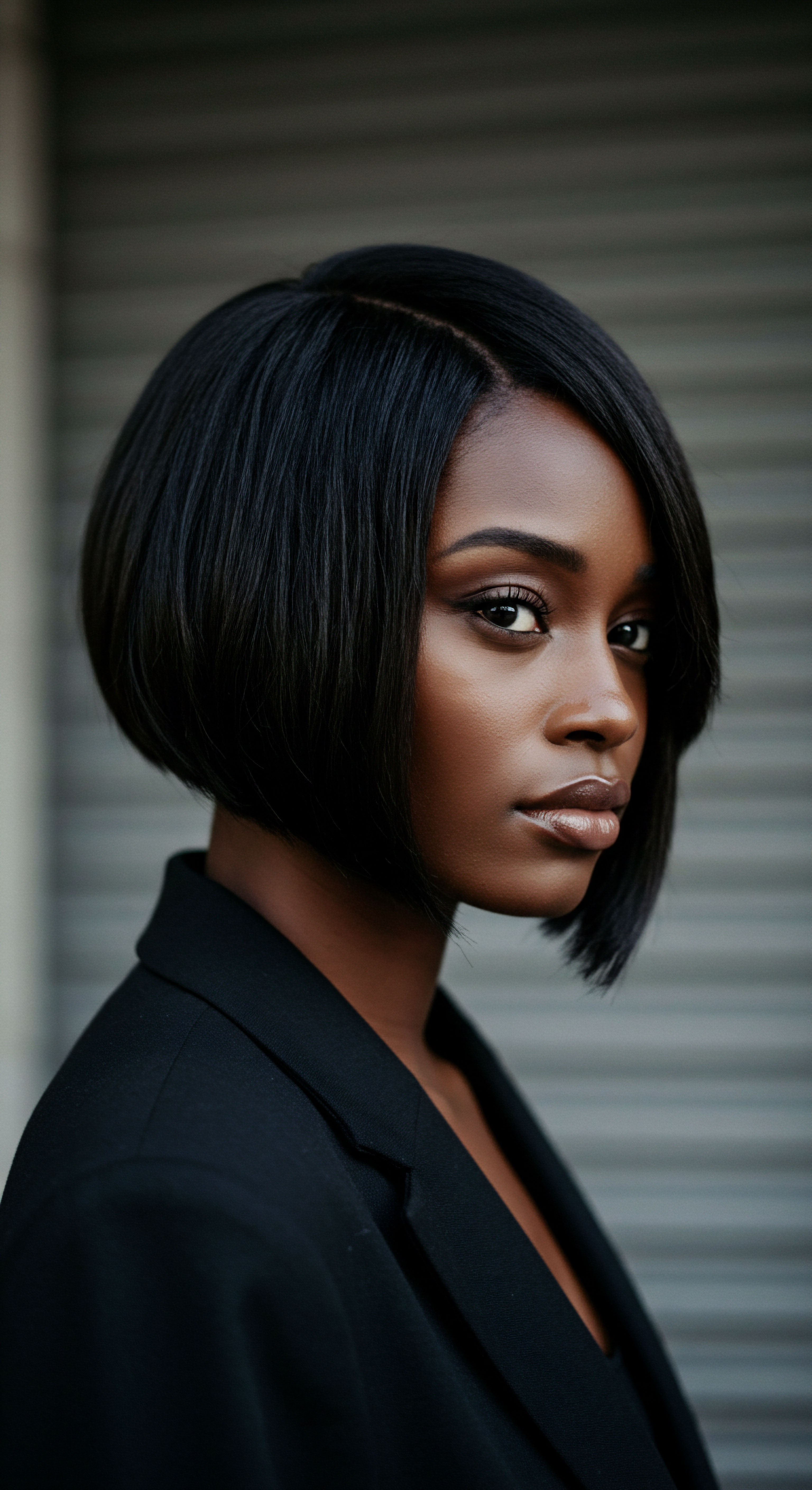 Sleek Black Hair Transformation Elevating Heritage Beauty and Styling A radiant Black woman's portrait highlights a sleek, polished bob. This luminous style demonstrates expert thermal management and precise ancestral hair care. It ensures exceptional hair shaft integrity, vibrant scalp health, and deep moisture retention, embodying the rich heritage of textured hair and sophisticated styling.