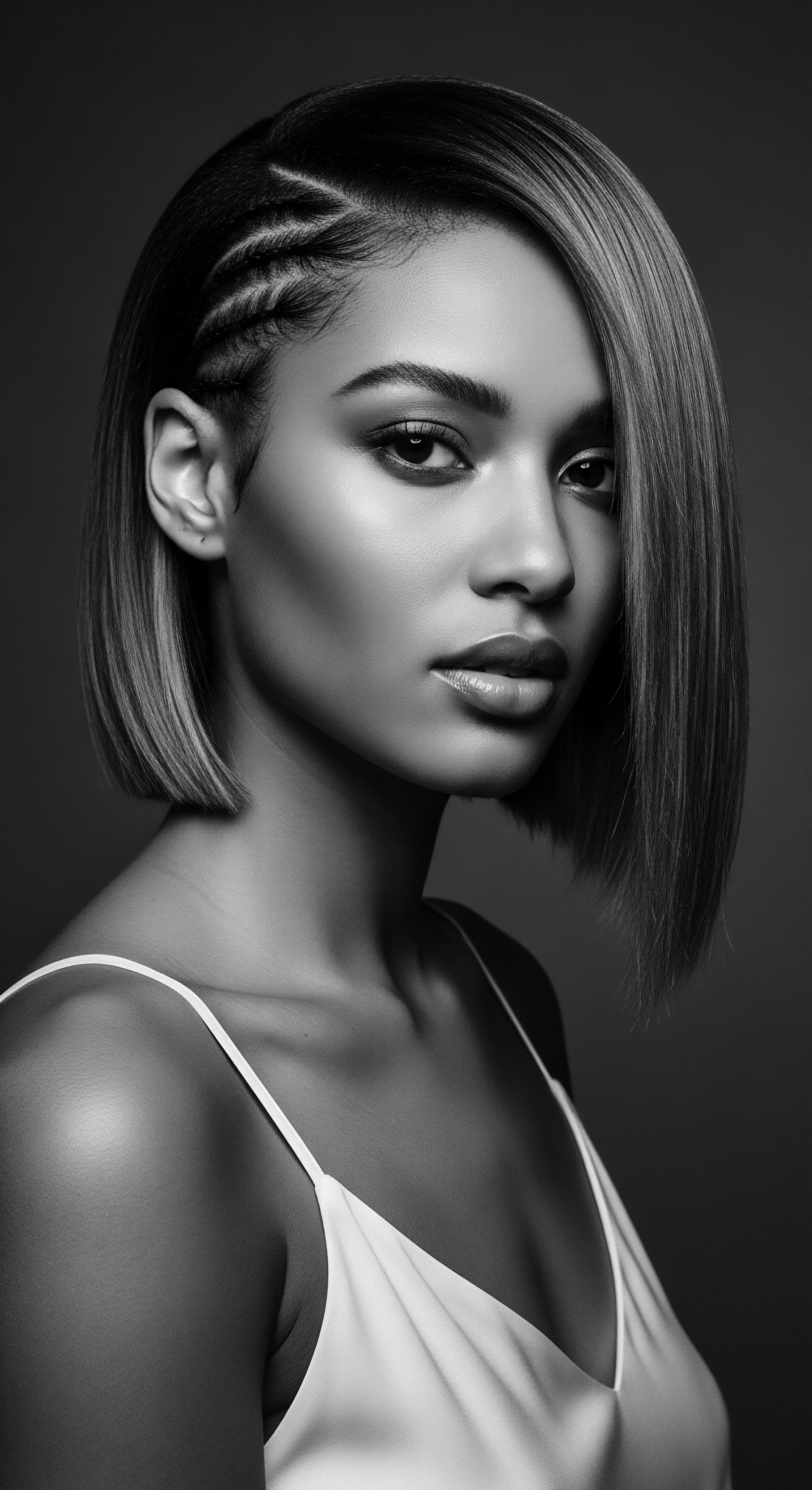 Black and biracial woman showcases a polished asymmetrical bob with meticulously crafted cornrow braids, exhibiting sharp precision in styling. The high contrast monochromatic image highlights the artistry of texture, clean lines, and healthy hair sheen, merging modern aesthetic with ancestral heritage.