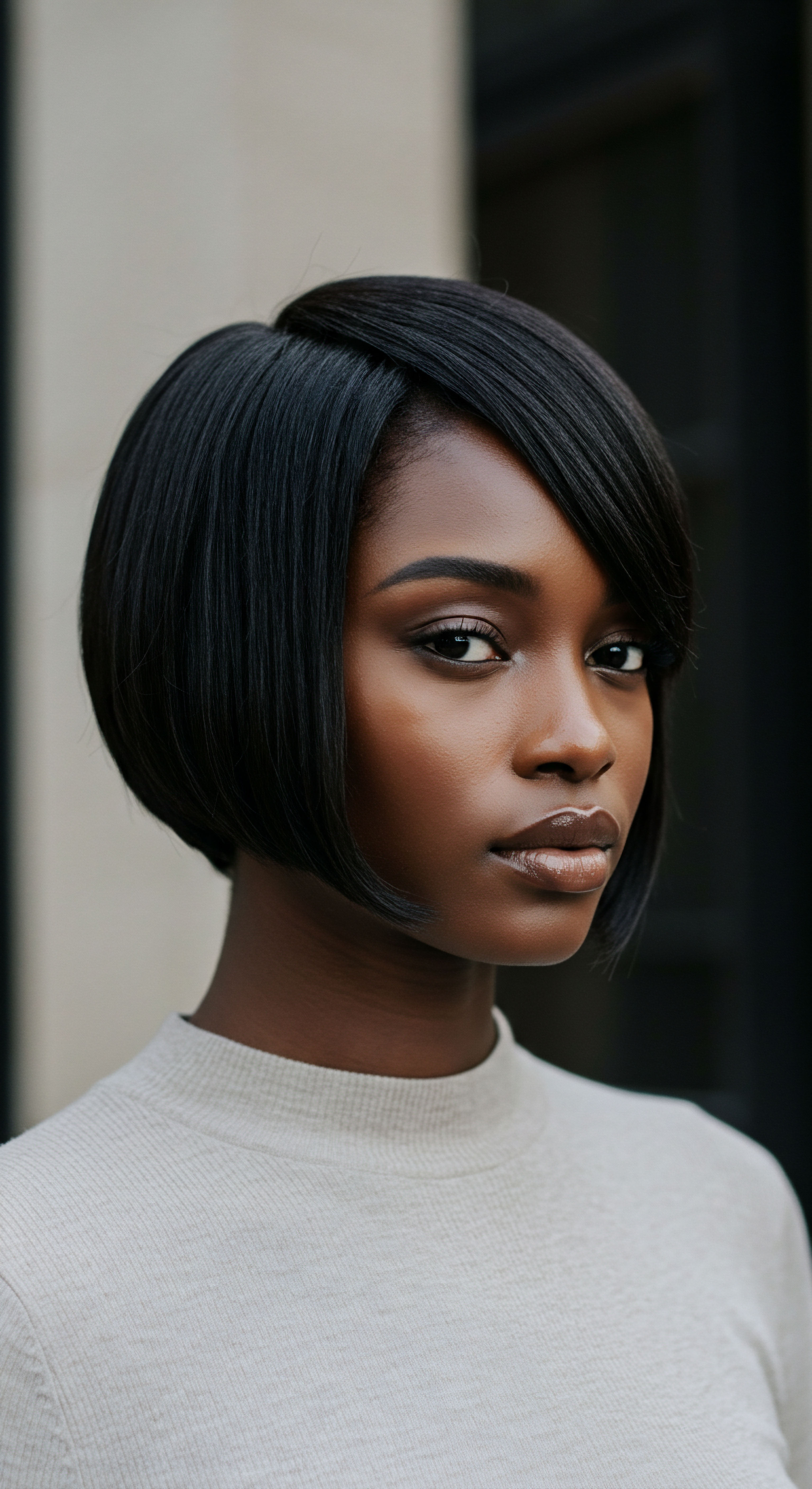 Sleek Bob Styling for Highly Textured Hair Achieving Elongated Patterns A portrait of black hair in a sleek, straightened bob. This precision styling emphasizes vital thermal protection and moisture retention for melanin-rich textured hair, highlighting ancestral beauty and cultural versatility through expert hair care, promoting optimal hair fiber health.