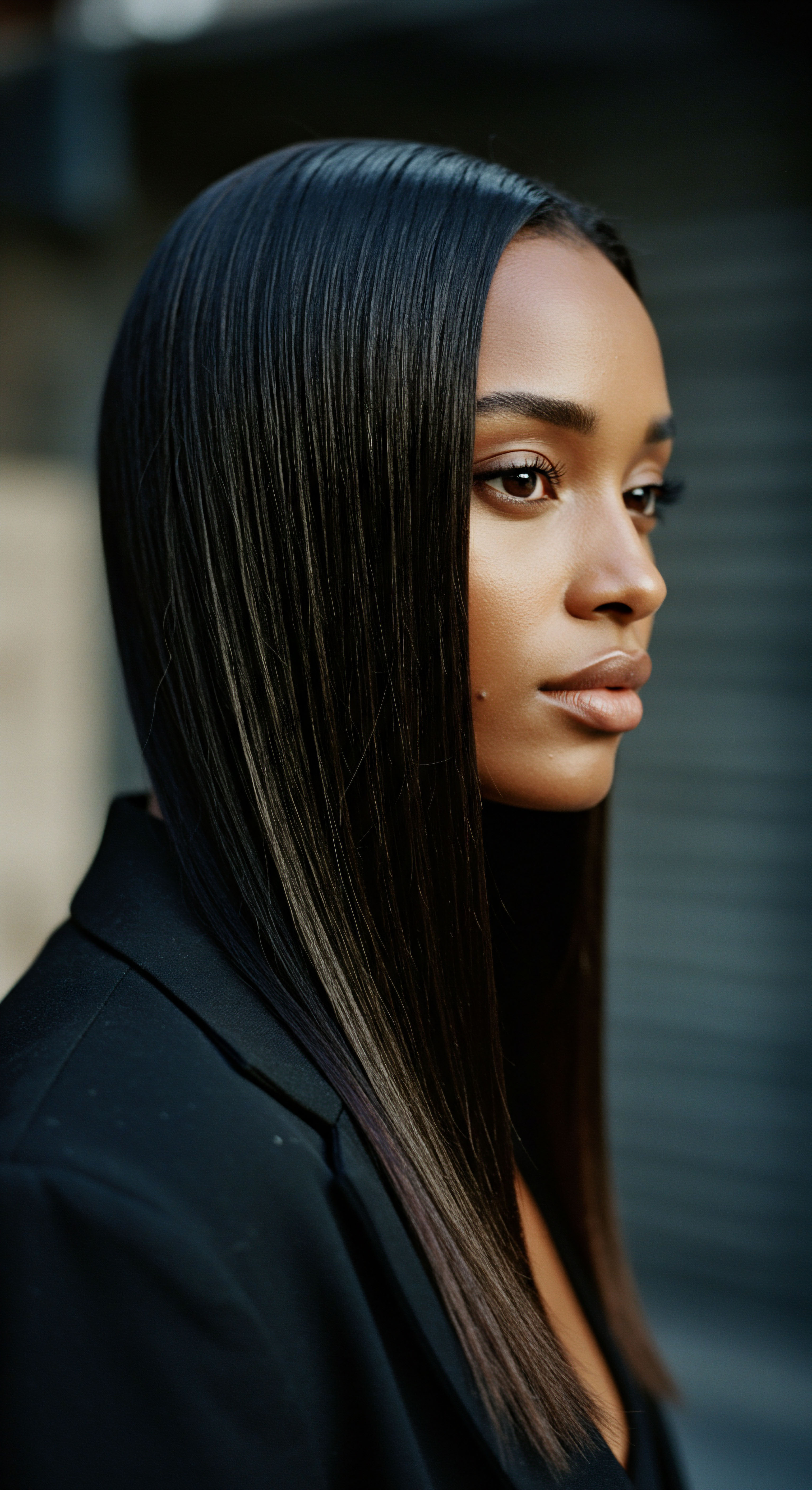Sleek Polished Elongated Textured Hair Precision Styling for Melanin-Rich Strands This luminous portrait highlights the artistry of precision flat-ironing on a model of mixed heritage. The hair's exceptional smoothness and reflective surface signify optimal moisture retention and thermal protection, vital for resilient fiber integrity. This showcases ancestral care practices adapted for contemporary styling, honoring diverse hair patterns.