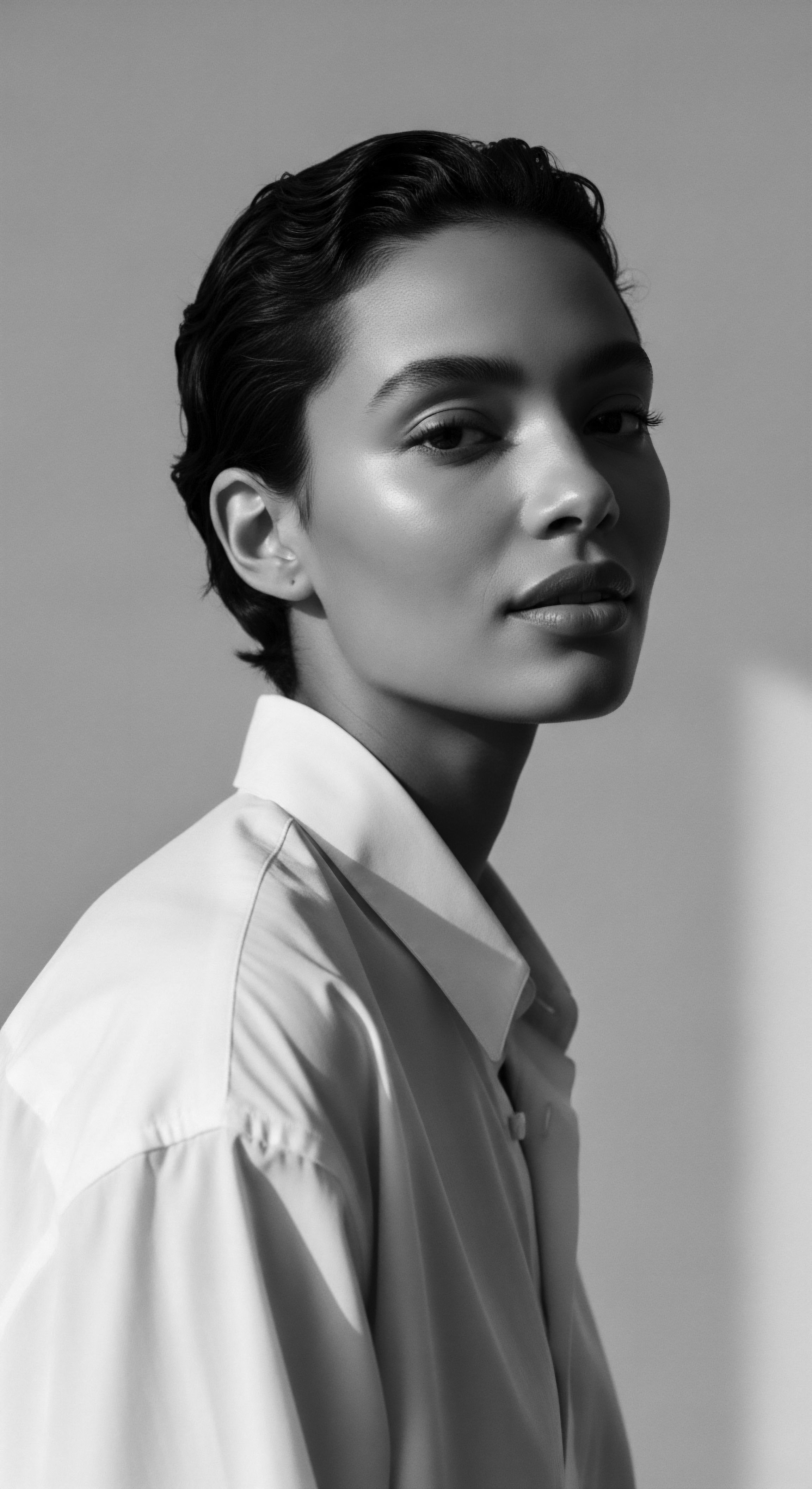 Sleek Short Hair Presentation Model in a Minimalist Setting This black and white study of light and form showcases a sleek, short textured hairstyle, reflecting contemporary elegance. Undulating hair designs enhance the model's polished look, embodying mindful beauty that connects self-expression to natural grace through modern hair care and styling techniques.