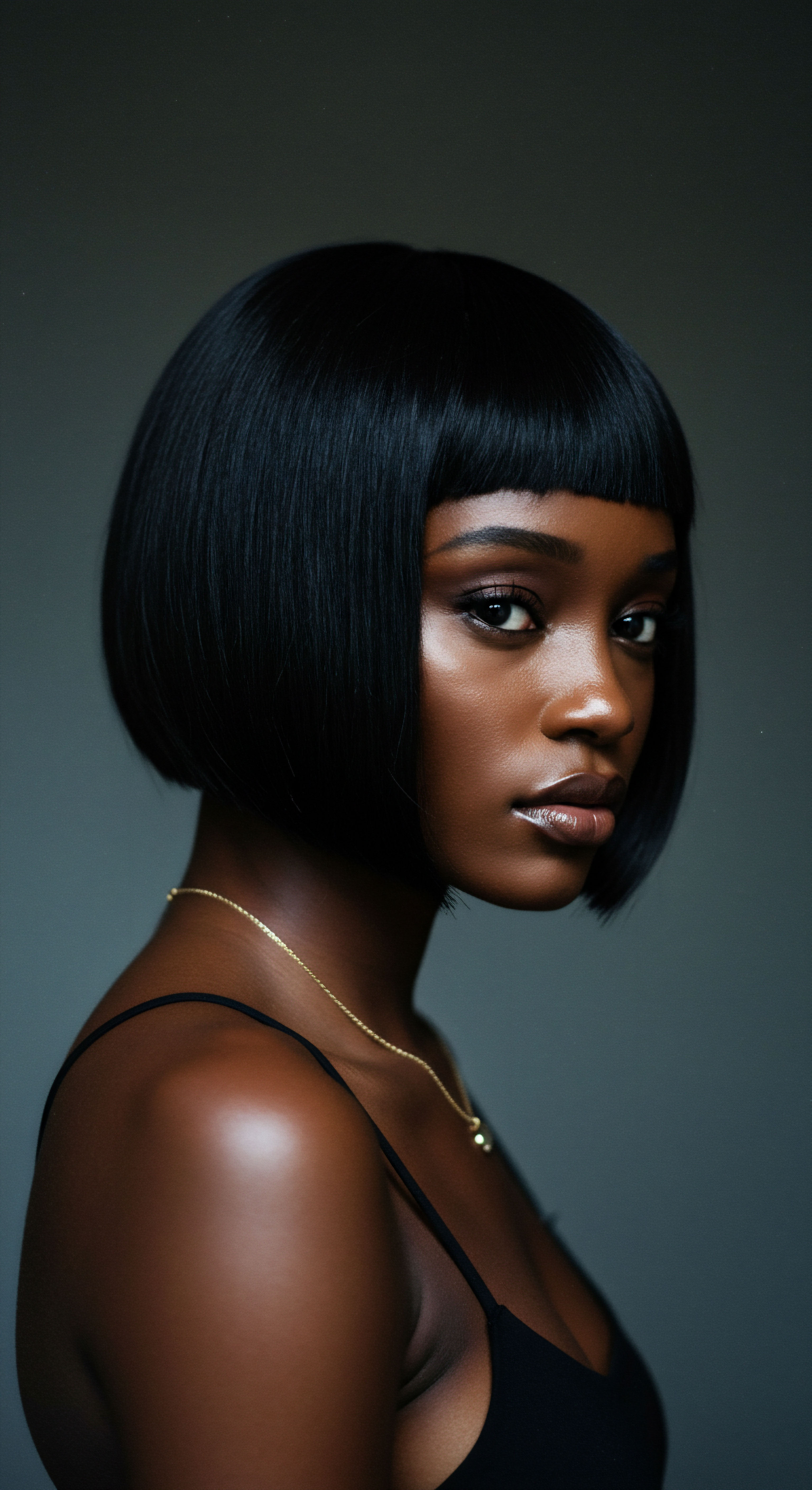 Sleek Silk Press Mastery Celebrating Black Hair Heritage and Styling Precision This captivating portrait beautifully presents luminous melanin-rich skin and a sleek, precision-cut blunt bob. Her glossy black hair, perfected via expert silk press artistry, demonstrates optimal strand integrity. This thermal styling exemplifies purposeful pattern manipulation, celebrating enduring Black hair heritage and modern versatility.