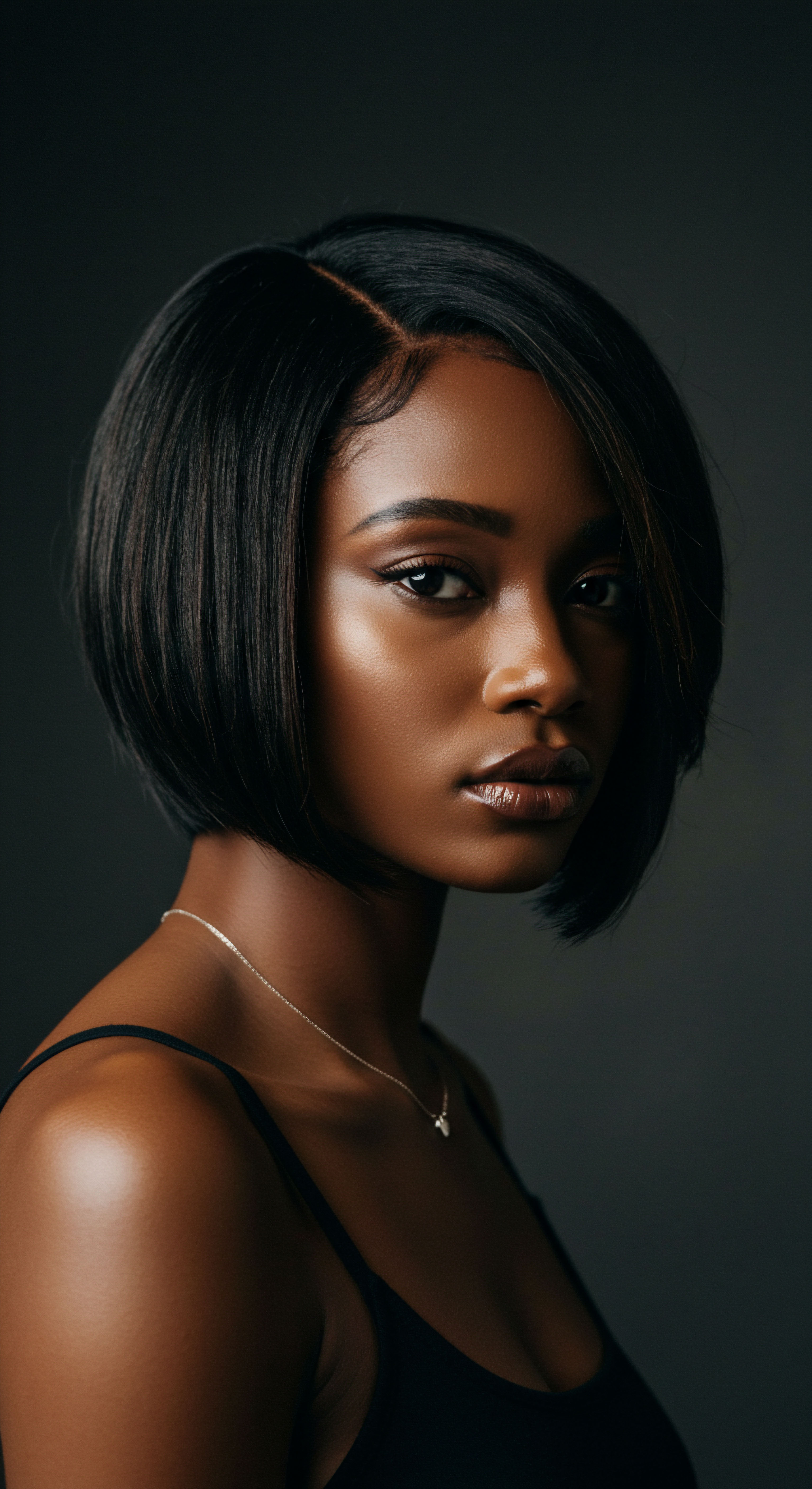Her sleek, deeply lustrous textured hair, styled into a precise bob, embodies optimal moisture retention and strand integrity. This striking Black Hair showcases exceptional scalp health and meticulous care, celebrating rich heritage through elevated styling.