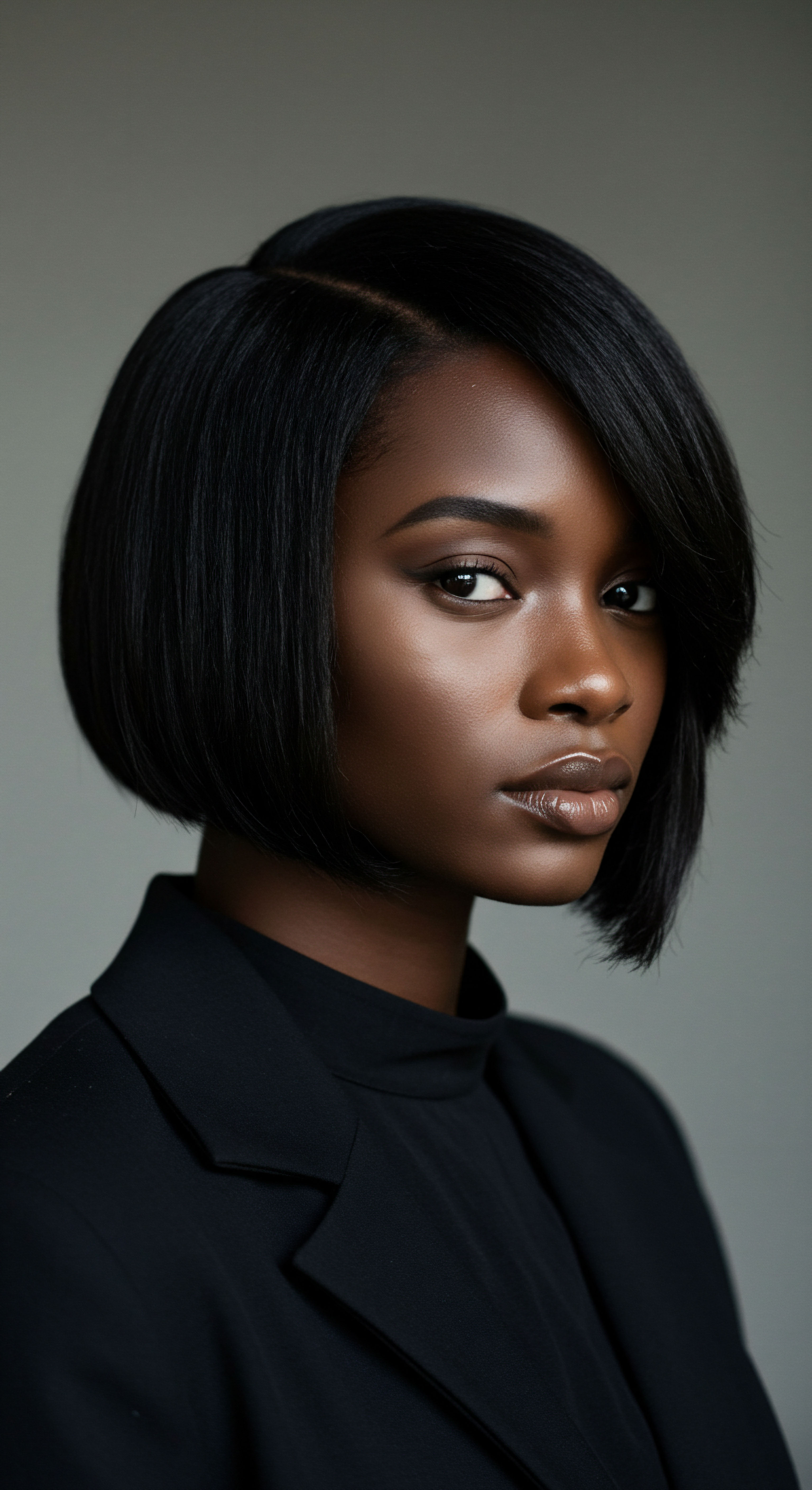 Sleek Textured Hair Pro-Growth Styling and Optimal Moisture Care A confident portrait showcases flawless thermal styling on textured black hair, achieving a sleek bob with exceptional luminous sheen. This look demonstrates meticulous strand alignment and optimal moisture retention, exemplifying advanced textured hair care. It embodies empowered self-expression, valuing fiber integrity, scalp health, and careful cuticle sealing.