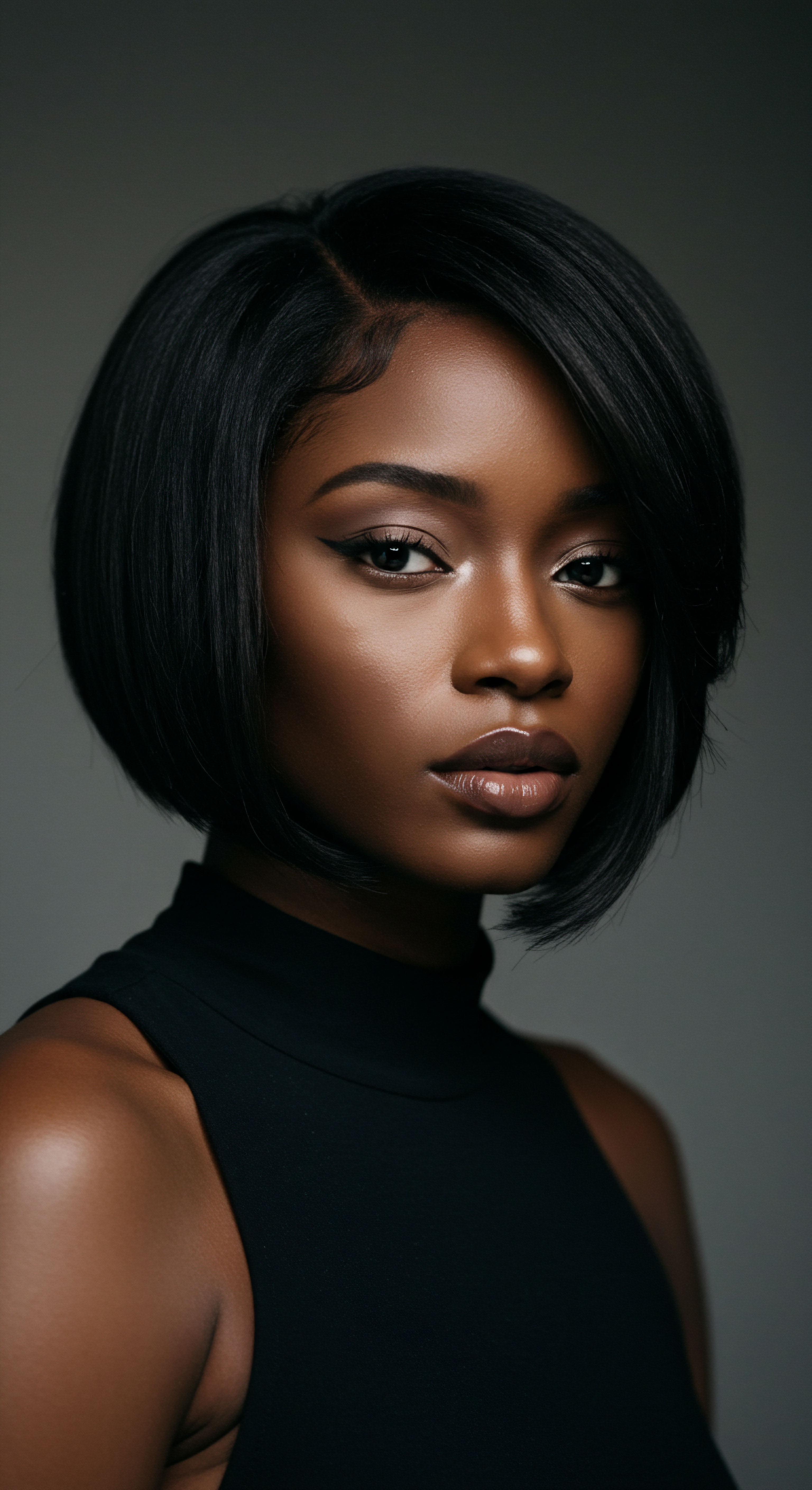 Sleek Thermal Silk Press Transformation A Tribute To Textured Hair Radiance Luminous melanin-rich skin frames a precision-cut, sleek bob. Her black hair displays impeccable cuticle alignment, thermal integrity, humidity resistance, and a healthy low porosity sheen. This showcases advanced heritage hair care, emphasizing optimal moisture retention, frizz control, and stunning pattern transformation.