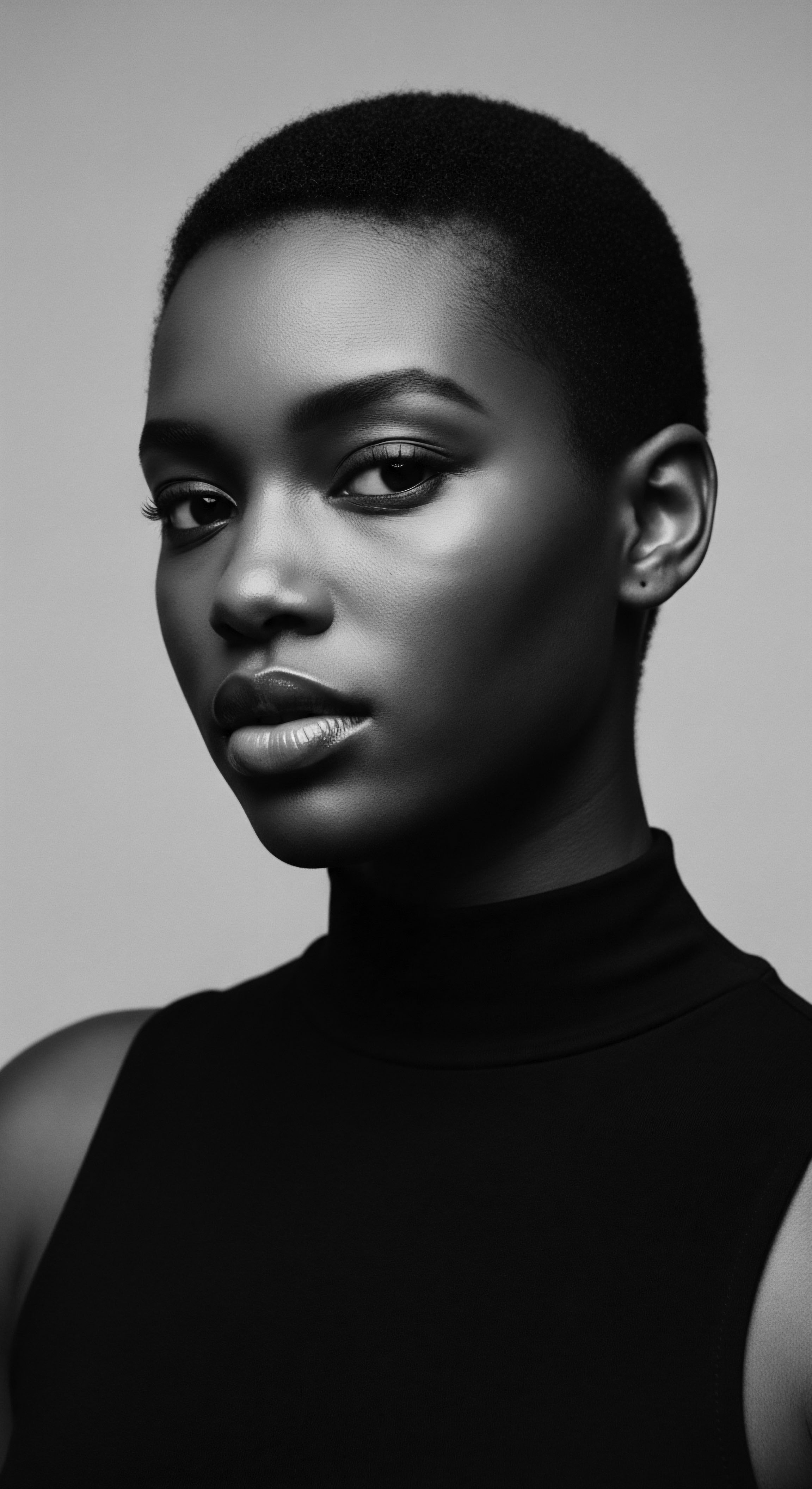 Sophisticated Black Woman Short Natural Hair Portrait Studio Black and White The artful chiaroscuro accentuates the woman's sleek, close-cropped hair, highlighting the natural texture and showcasing an aura of understated confidence. This portrait embodies strength and heritage through authentic self-expression, reflecting broader narratives of Black beauty standards and celebrates the embrace of natural textured hair formations.