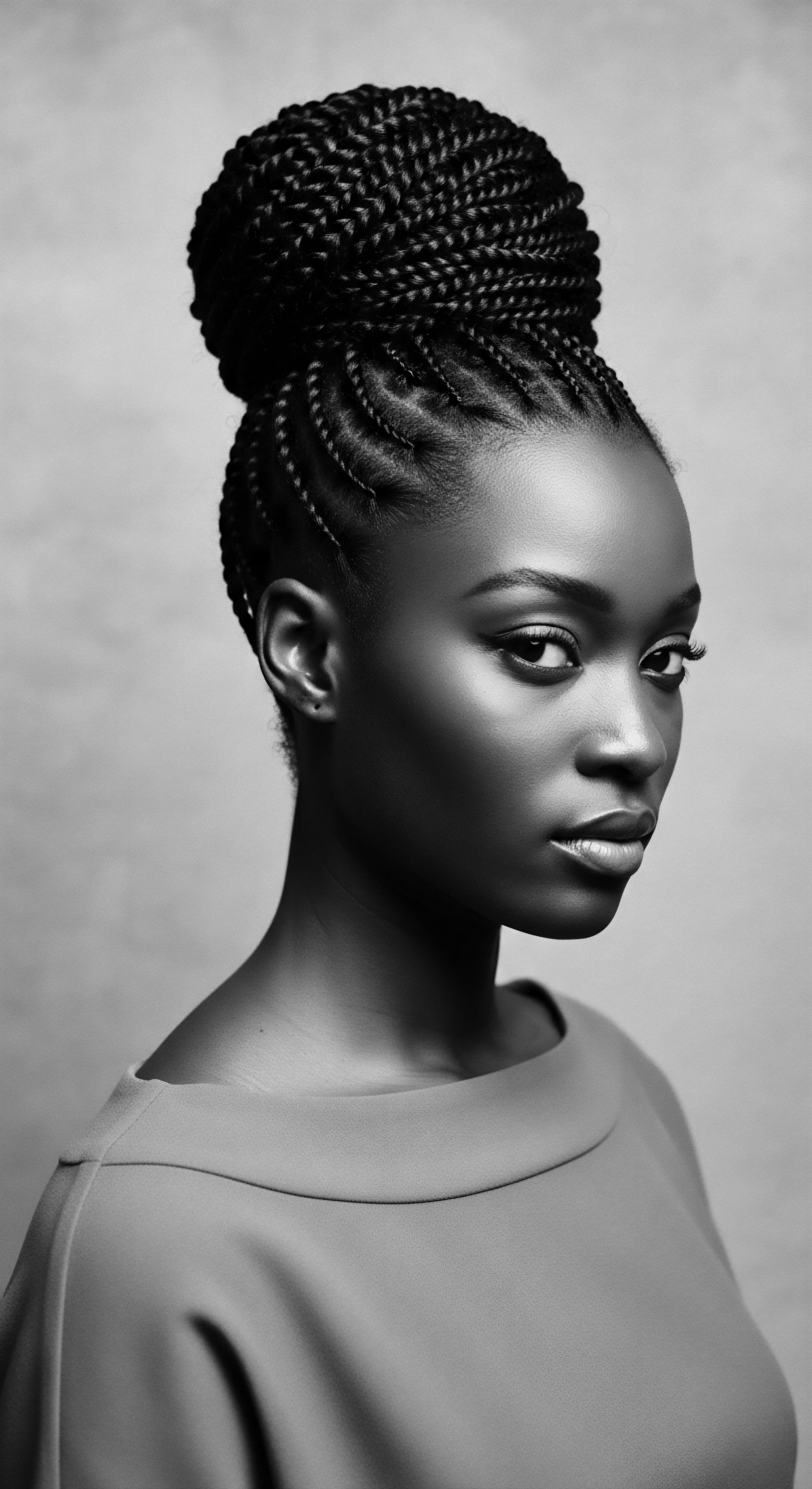Sophisticated Portrait of Woman with Braided Hair in Elegant Updo Style The elegant updo and carefully articulated cornrows in this portrait speak to the rich heritage of Black hair artistry, offering a powerful statement about identity, self-expression, and the deep cultural roots interwoven within each strand and its unique formation.