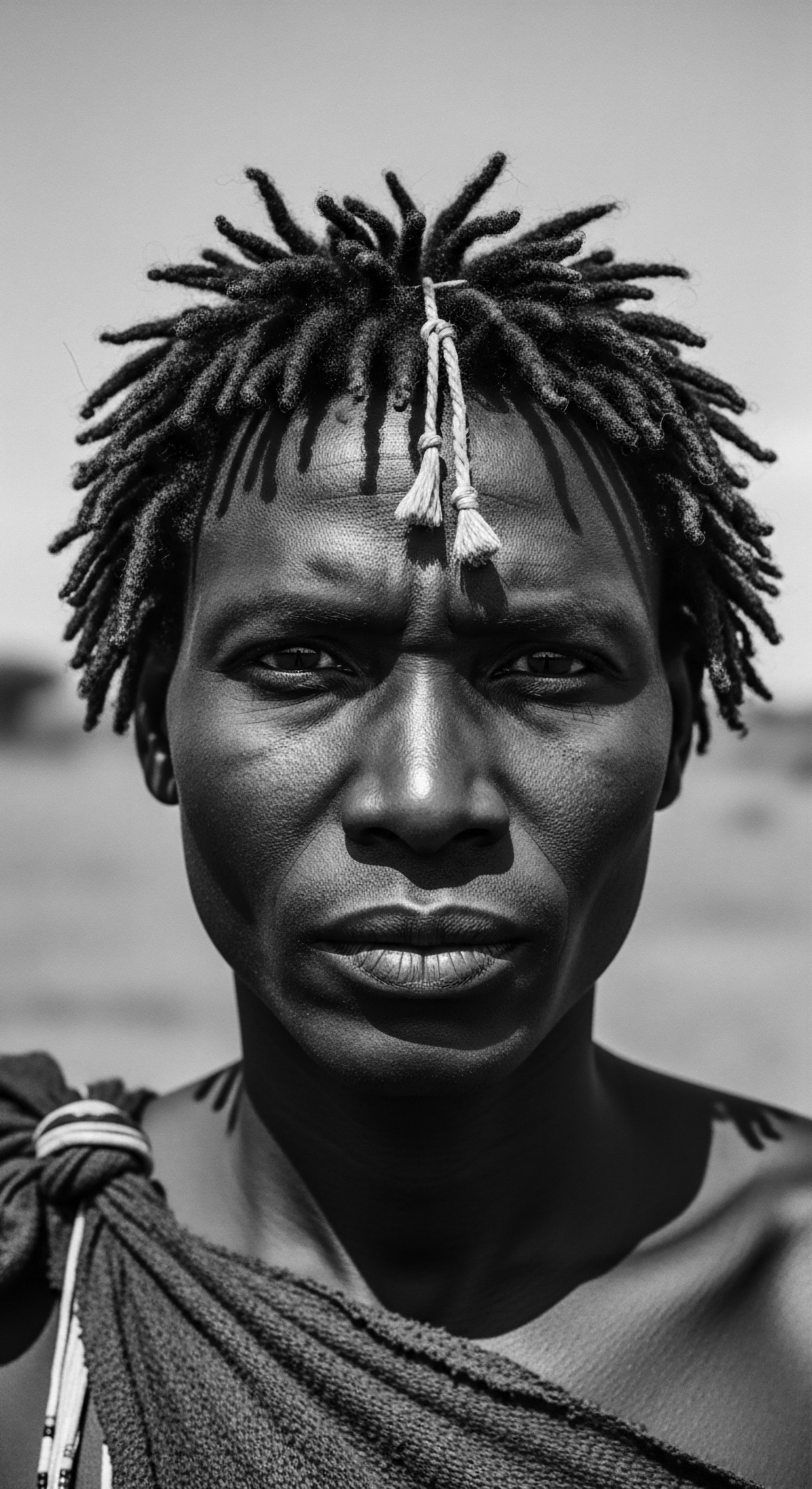 Stoic Maasai Man Portrait with Dreadlocks and Traditional Adornment Black White This powerful image immortalizes a Maasai man, whose direct stare and meticulously crafted dreadlocks, secured with traditional string, embodies strength, resilience, and the enduring legacy of Maasai culture, highlighting the beautiful textures and inherent pride within Black hair traditions.