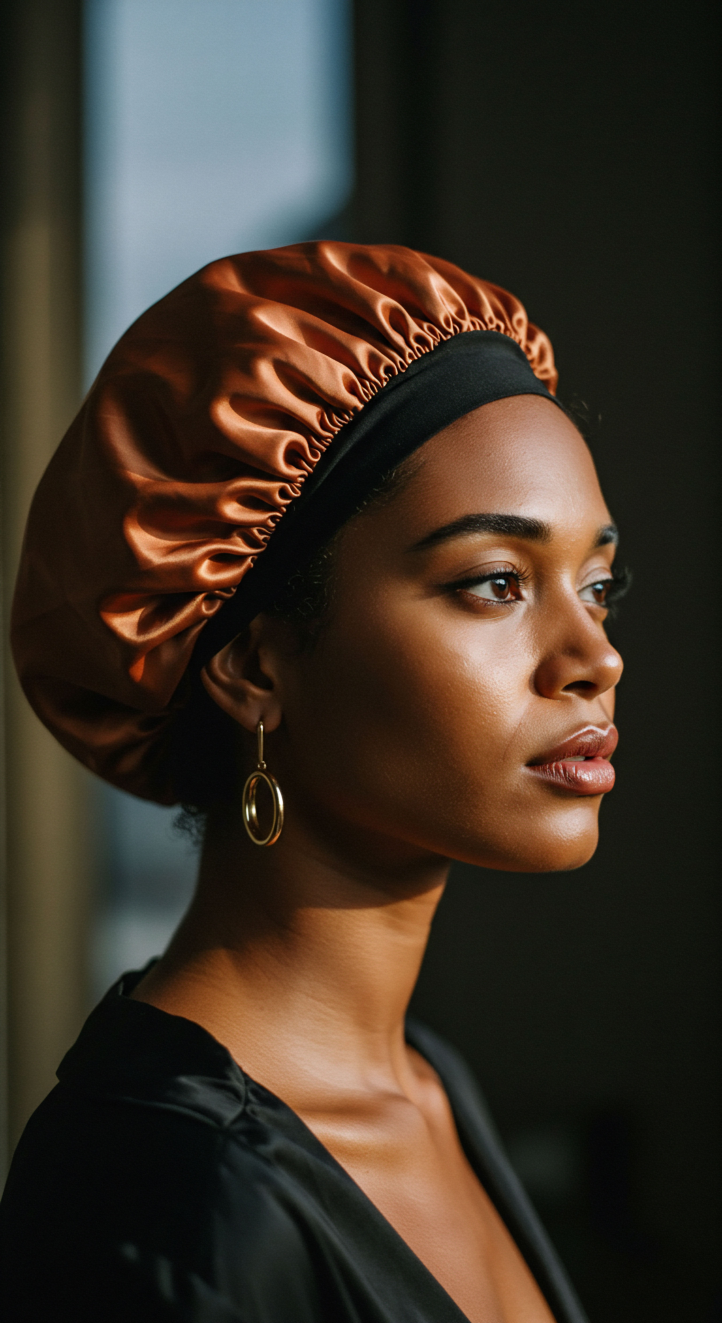 Strategic Nightly Hair Care Preserving Coily Texture Health This compelling portrait highlights intentional textured hair care practices. The mixed-race woman’s elegant satin bonnet symbolizes crucial nightly moisture retention, safeguarding delicate coily patterns and minimizing frizz. This protective styling honors ancestral heritage for sustained scalp health and radiant hair vitality, promoting overall pattern strength.