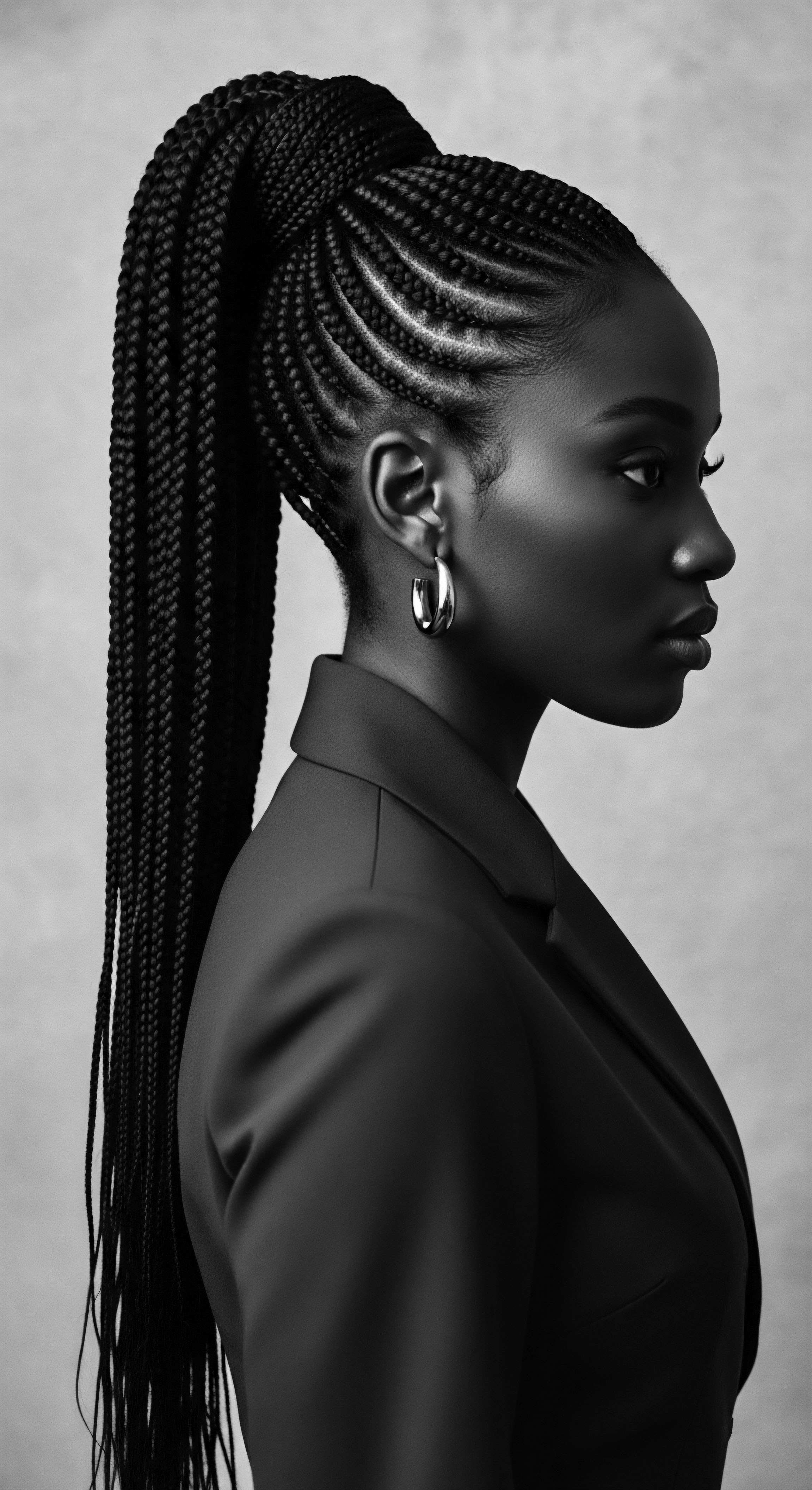 Striking Black and White Portrait of a Woman with Braided Ponytail This evocative portrait captures the essence of sophistication and cultural pride, where Black textured hair traditions meet modern professional expression. The braided ponytail, coupled with poised elegance, signifies a powerful statement of identity and heritage this image celebrates the enduring beauty and strength inherent in self-expression.
