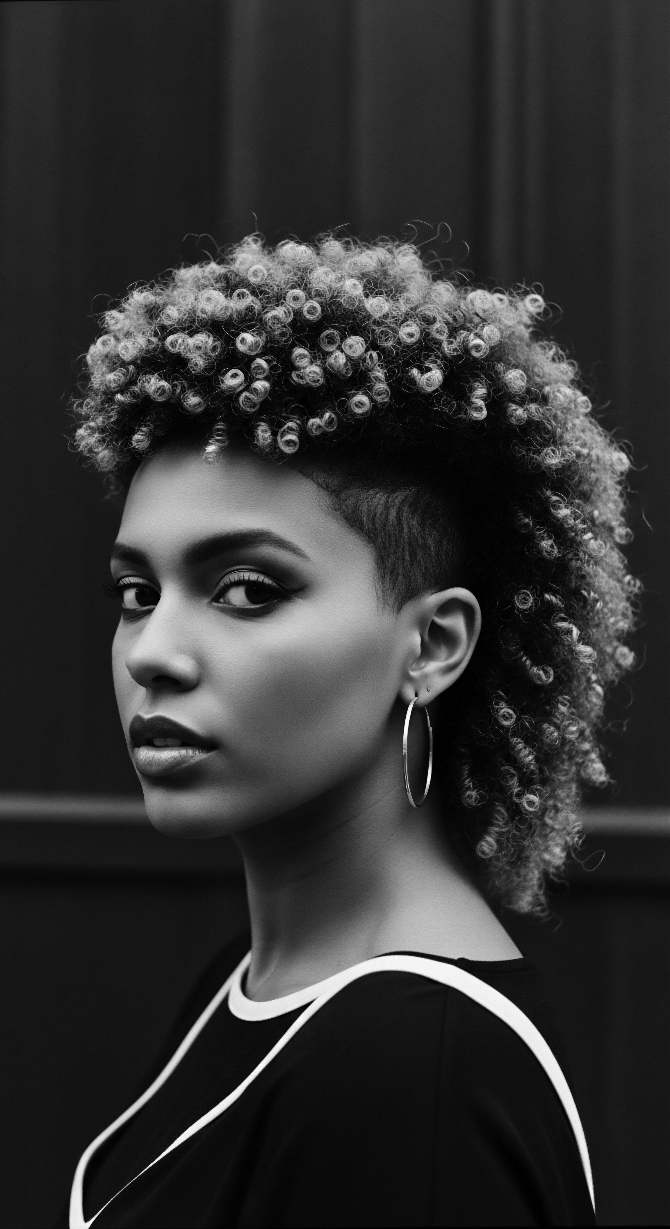 Striking Black and White Portrait of a Woman with Defined Coiled Hair This compelling portrait showcases bold artistry, embracing the beauty of textured hair. The juxtaposition of coiled hair and the undercut, along with the subject's gaze, evokes a powerful statement of self-expression rooted in unique identity and ancestral legacy.