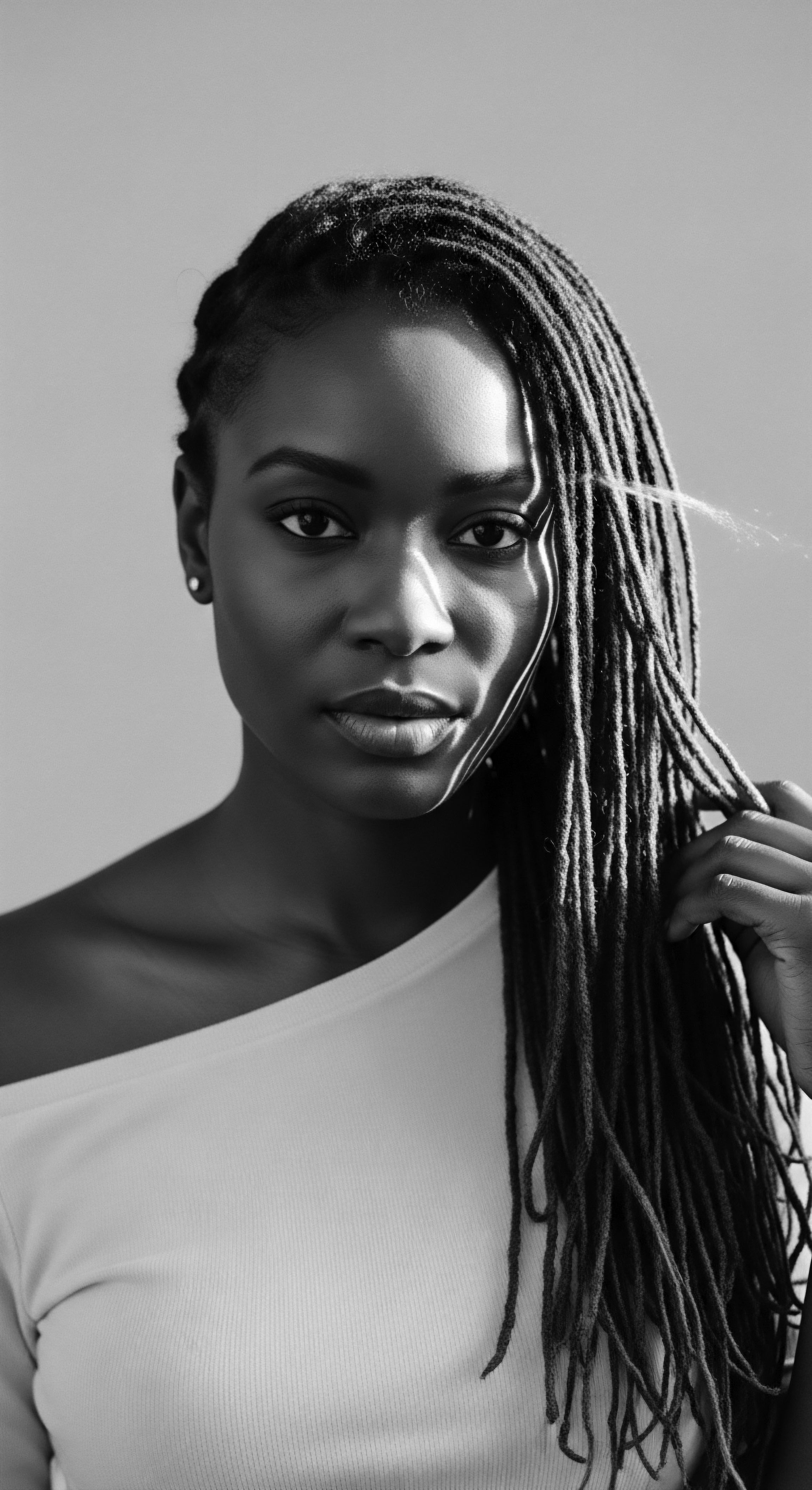 Striking Black and White Portrait of a Woman with Intricate Locs The image explores beauty and identity, with the woman's textured locs symbolizing cultural richness and strength. Light and shadow emphasize the intricate details of each loc, creating a powerful statement about Black hair traditions and individual self-expression within mixed-race hair narratives.