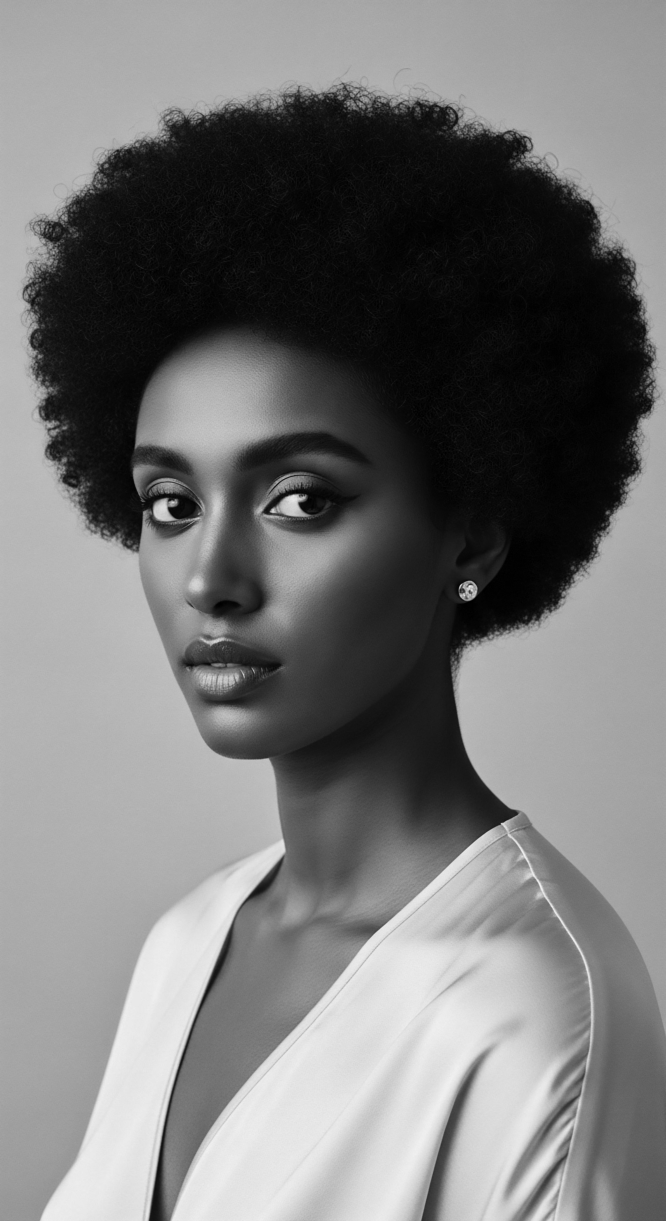Striking Black and White Portrait of a Woman with Natural Afro Hair The image celebrates natural textured hair, as a vital part of Black identity and pride, with a timeless and elegant portrait in monochrome. She embodies strength and beauty through her confident gaze and perfectly shaped afro, making a powerful statement about self-acceptance and ancestral beauty practices.