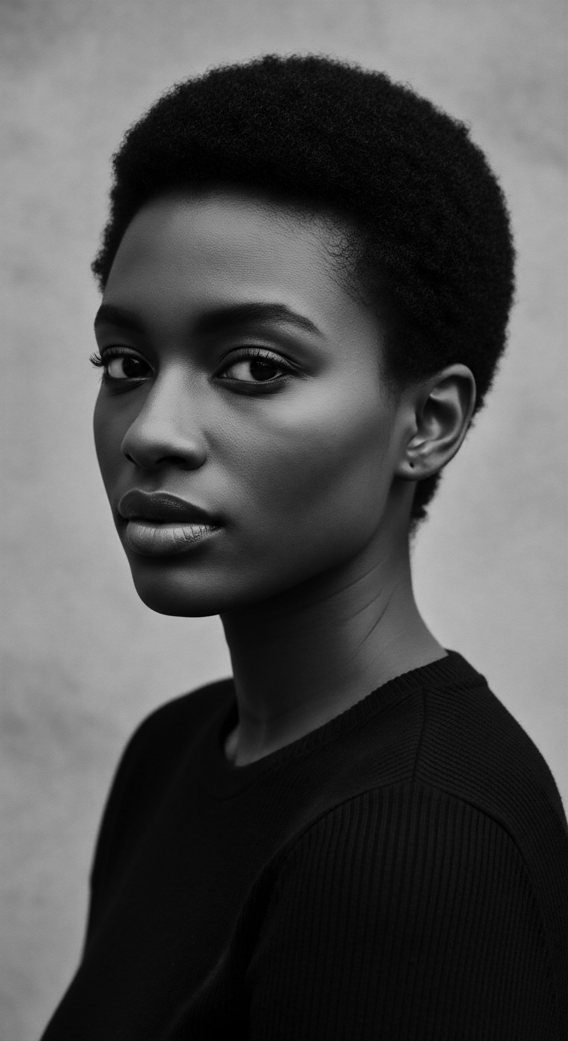 Striking Black and White Portrait of a Woman With Natural Hair This evocative portrait captures the essence of natural beauty, highlighting the resilience and strength embodied in the woman’s short, coiled afro. The play of light and shadow accentuates the intricacies of her hair's texture, serving as a tribute to ancestral pride and self-acceptance within the tapestry of Black hair traditions.
