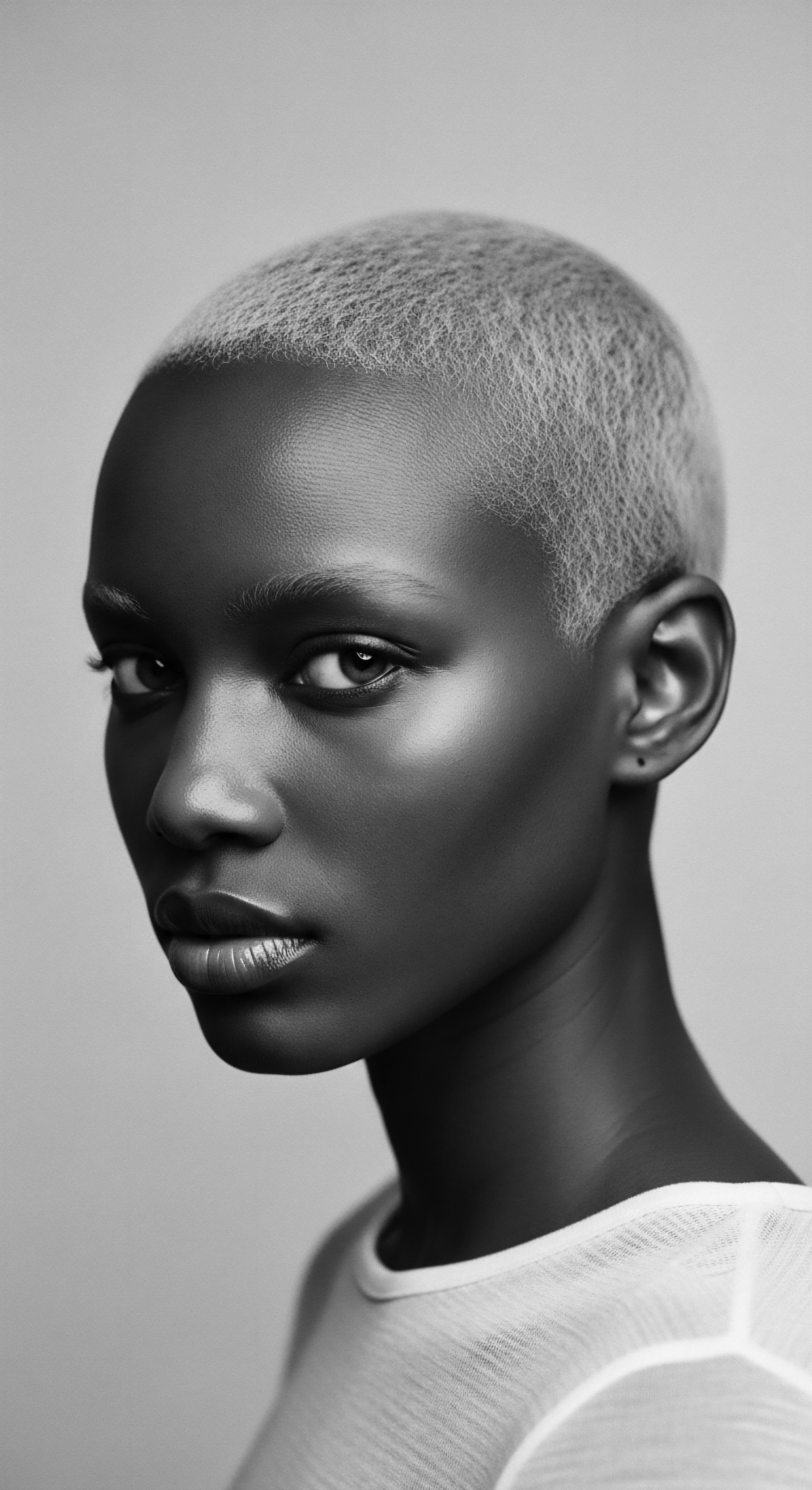 This captivating portrait showcases a modern aesthetic, while subtly acknowledging the timeless influence of textured hair within Black beauty traditions, revealing strength and confidence through minimalist styling.