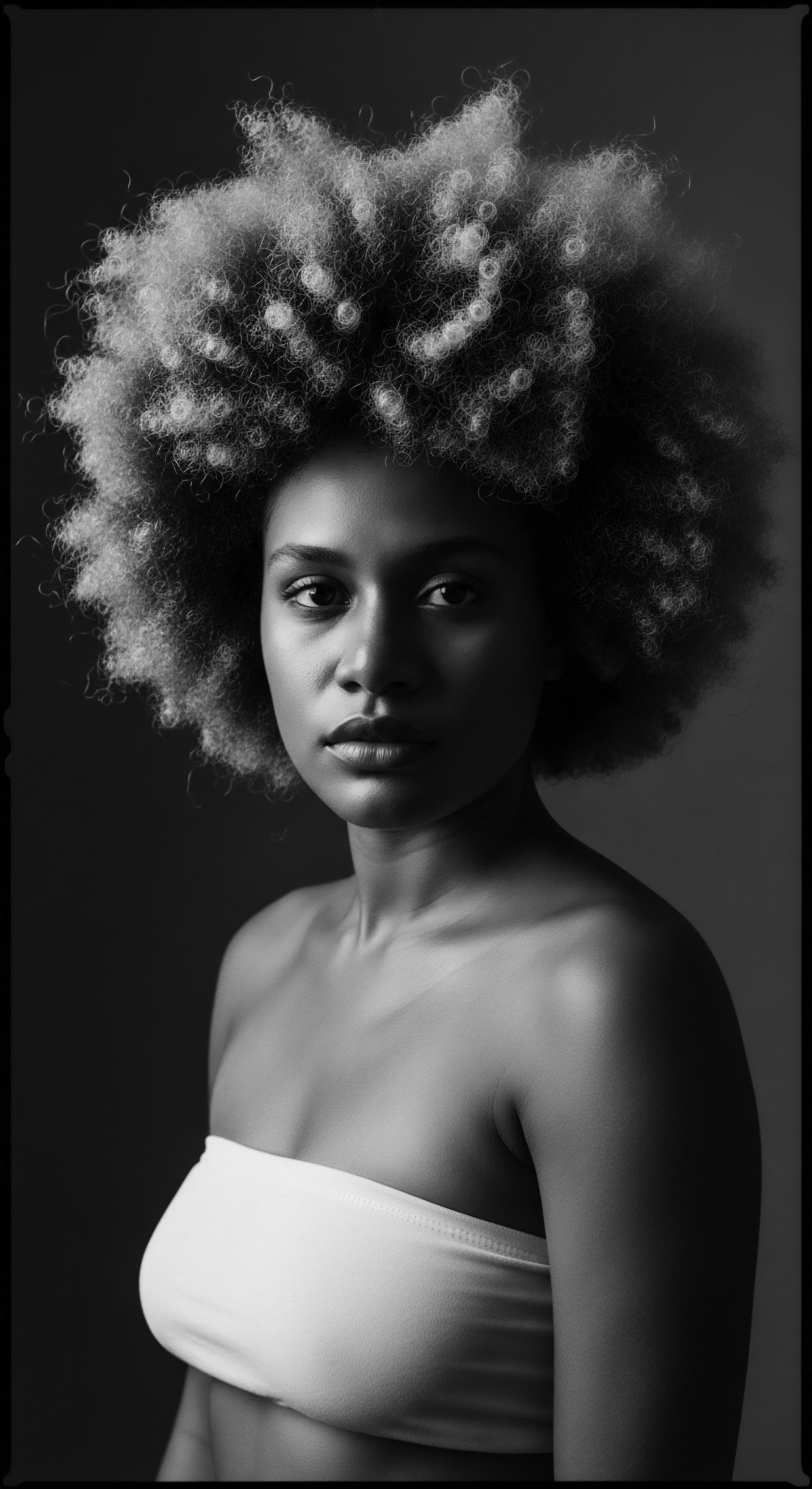 Striking Black and White Portrait of a Woman with Voluminous Afro Hairstyle This black and white portrait celebrates the beauty of afro textured hair, capturing the essence of heritage and identity. The interplay of light and shadow enhances the intricate coil patterns and the woman’s poise, inviting a deeper contemplation of self-love in natural hair traditions.