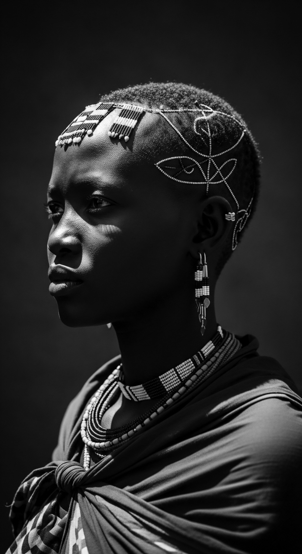 A monochrome portrait captures a young Maasai woman, her close-cropped textured hair meticulously adorned with intricate beaded patterns. She wears layers of traditional necklaces, showcasing heritage. Light and shadow emphasize the sculpture of her features, symbolizing beauty, wellness, and cultural identity through expressive ancestral hair styling.